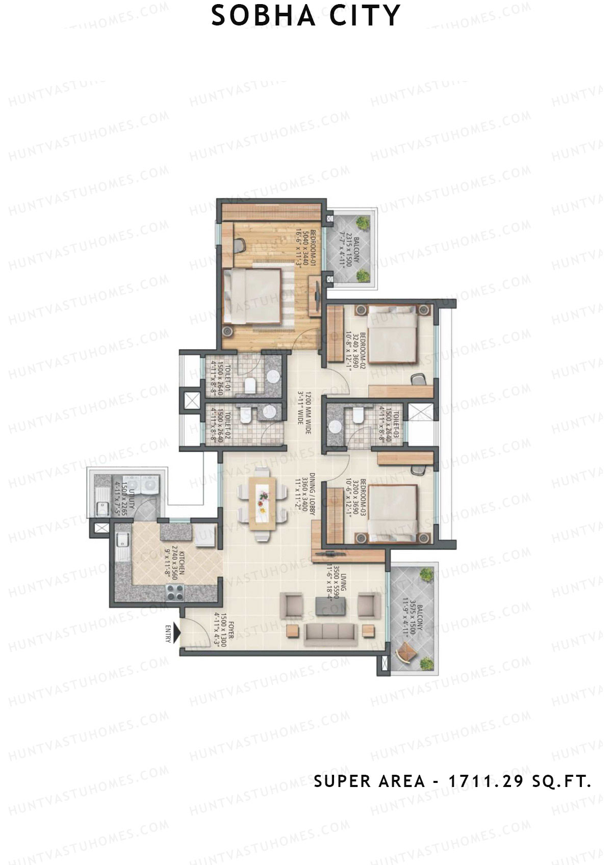 Sobha City Tower A2 Unit 1 (Type B) Floor Plan