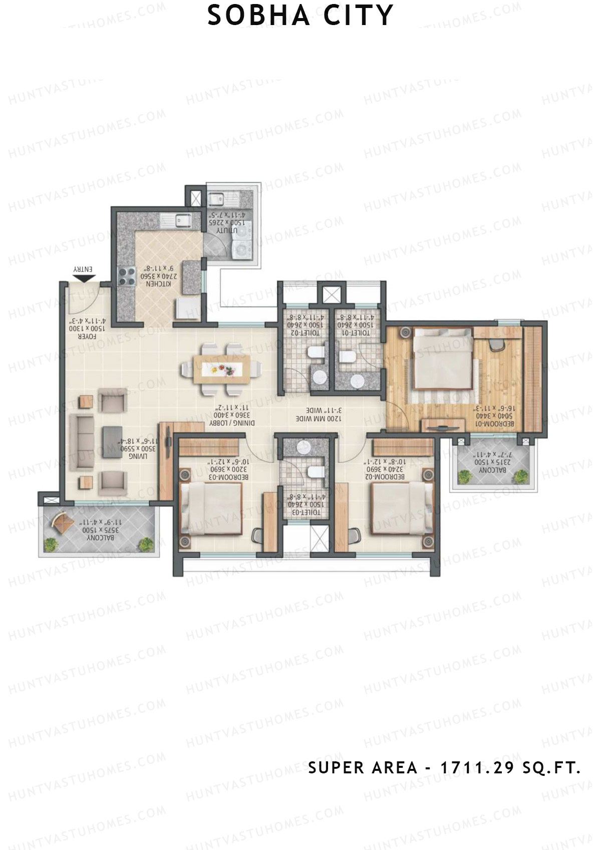 Sobha City Tower B1 Unit 1 (Type B) Floor Plan