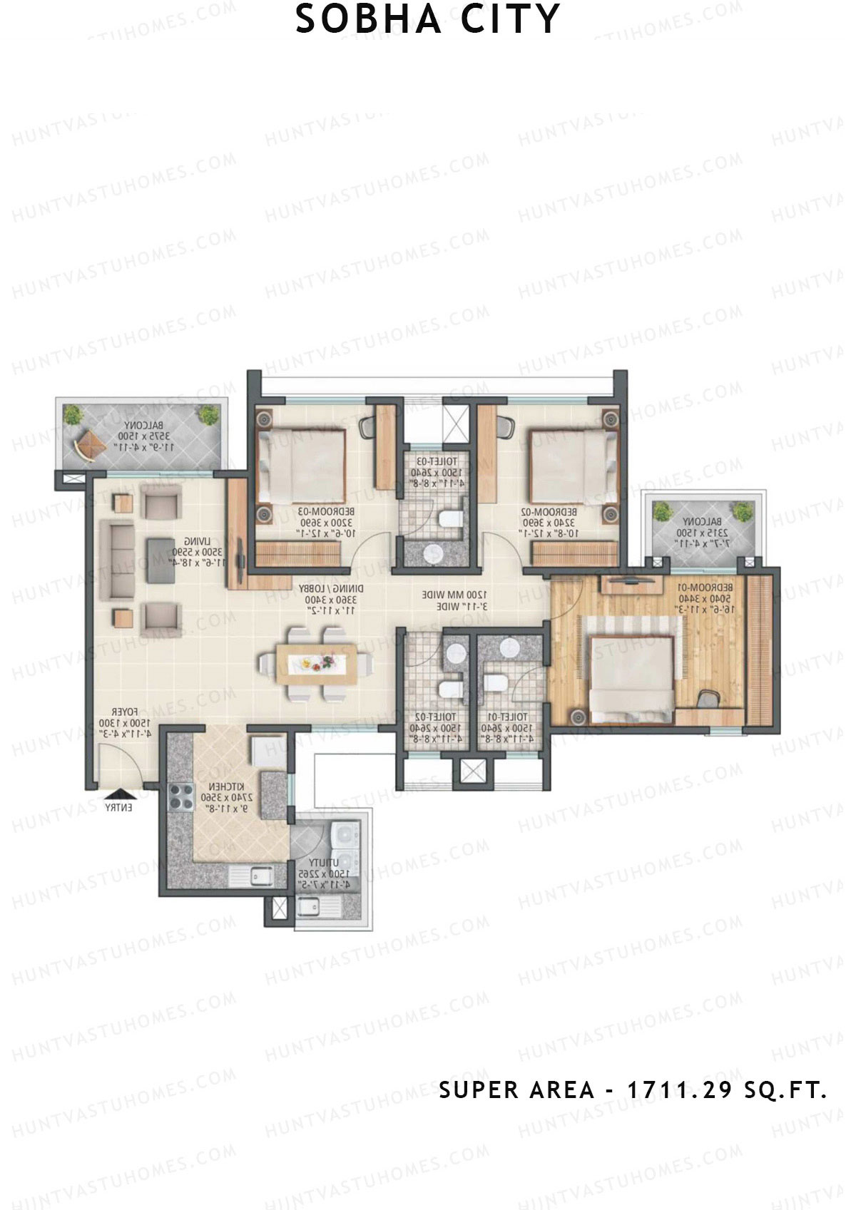 Sobha City Tower B3 Unit 4 (Type B) Floor Plan
