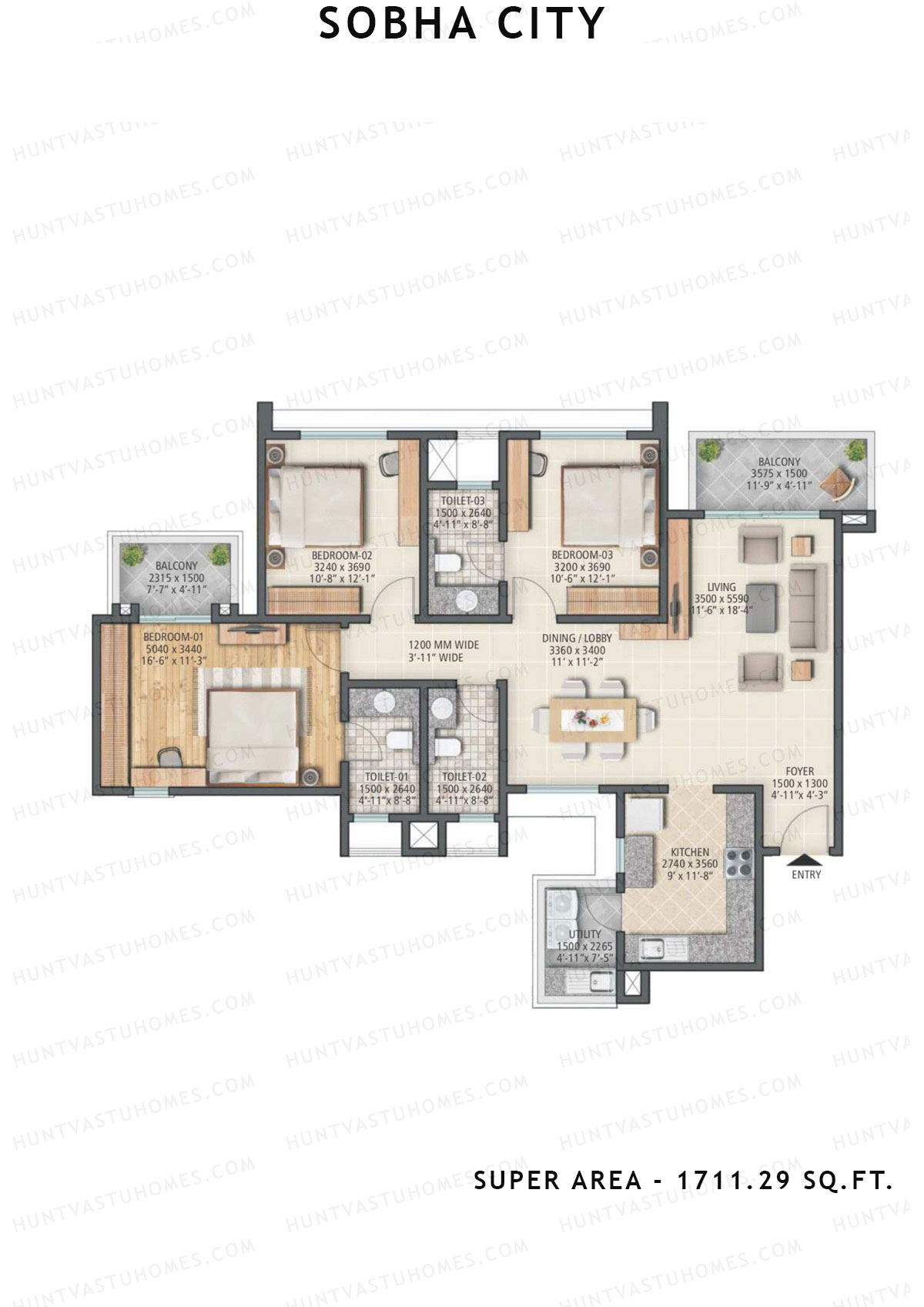Sobha City Tower B4 Unit 3 (Type B) Floor Plan