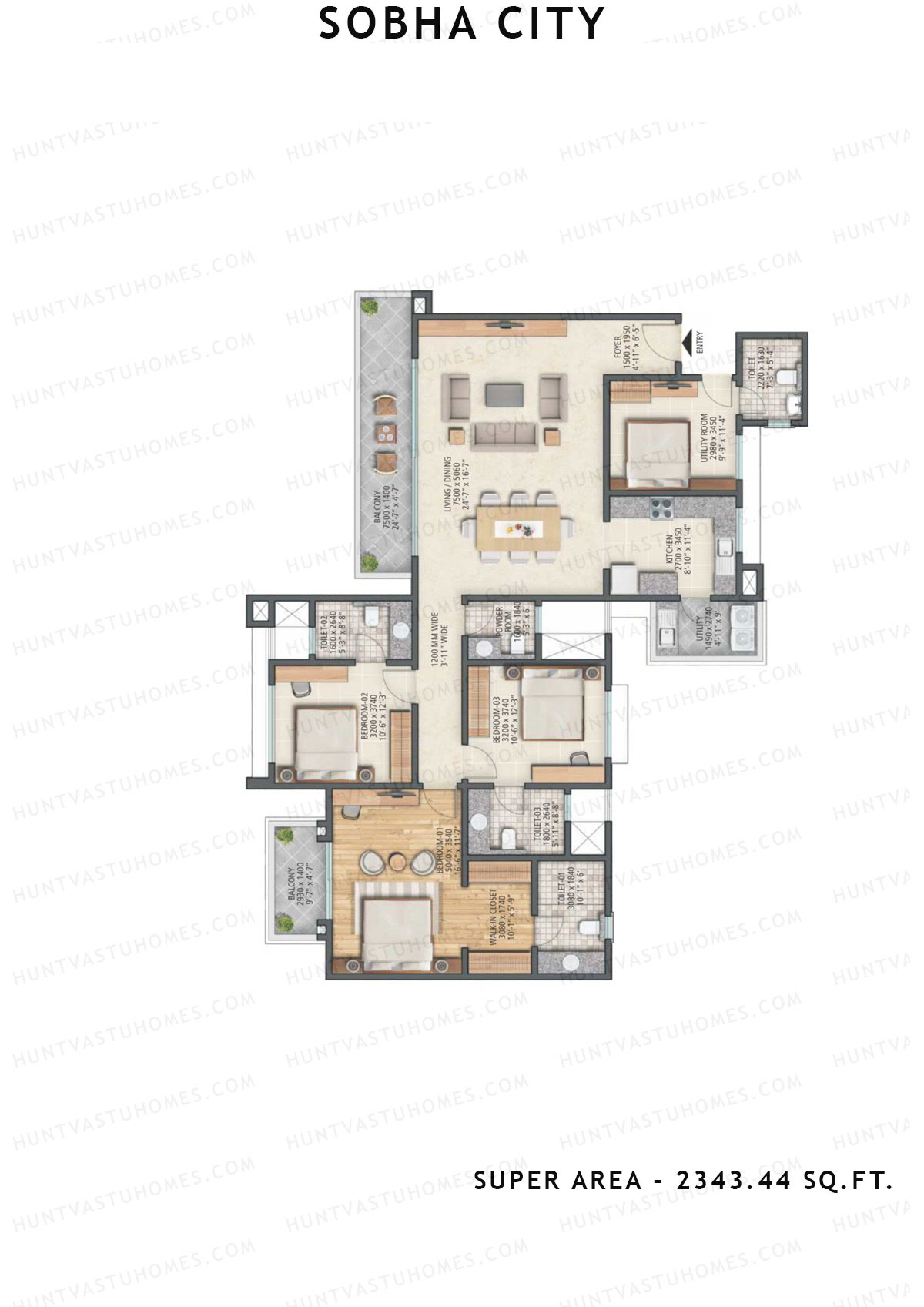 Sobha City Tower C1 Unit 3 (Type E) Floor Plan
