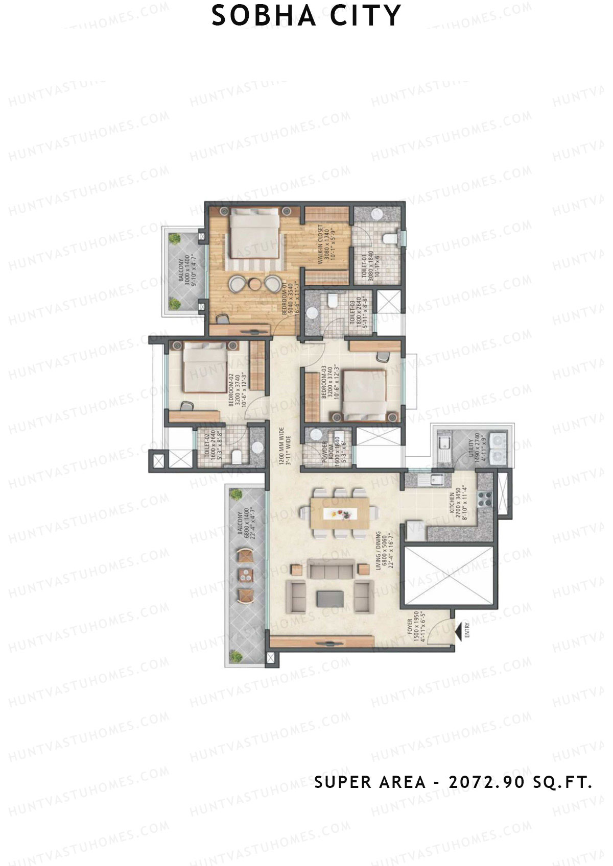 Sobha City Tower C1 Unit 4 (Type D) Floor Plan