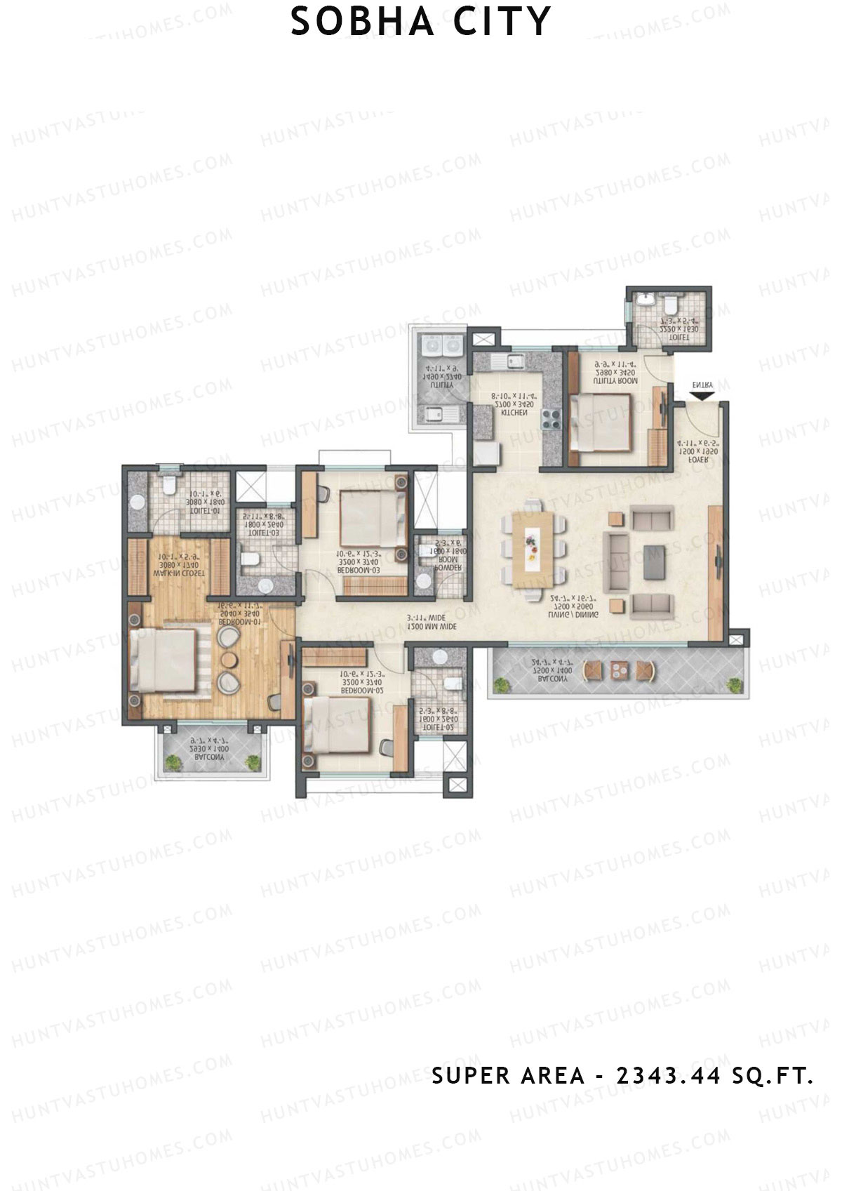 Sobha City Tower C3 Unit 2 (Type E) Floor Plan