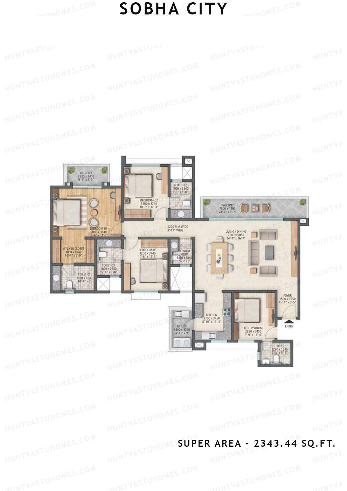 Sobha City Tower C6 Unit 1 (Type E) Floor Plan
