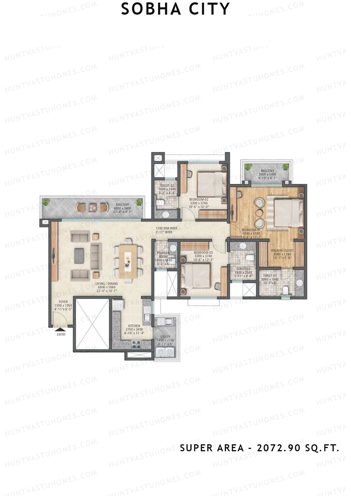 Sobha City Tower C6 Unit 2 (Type D) Floor Plan