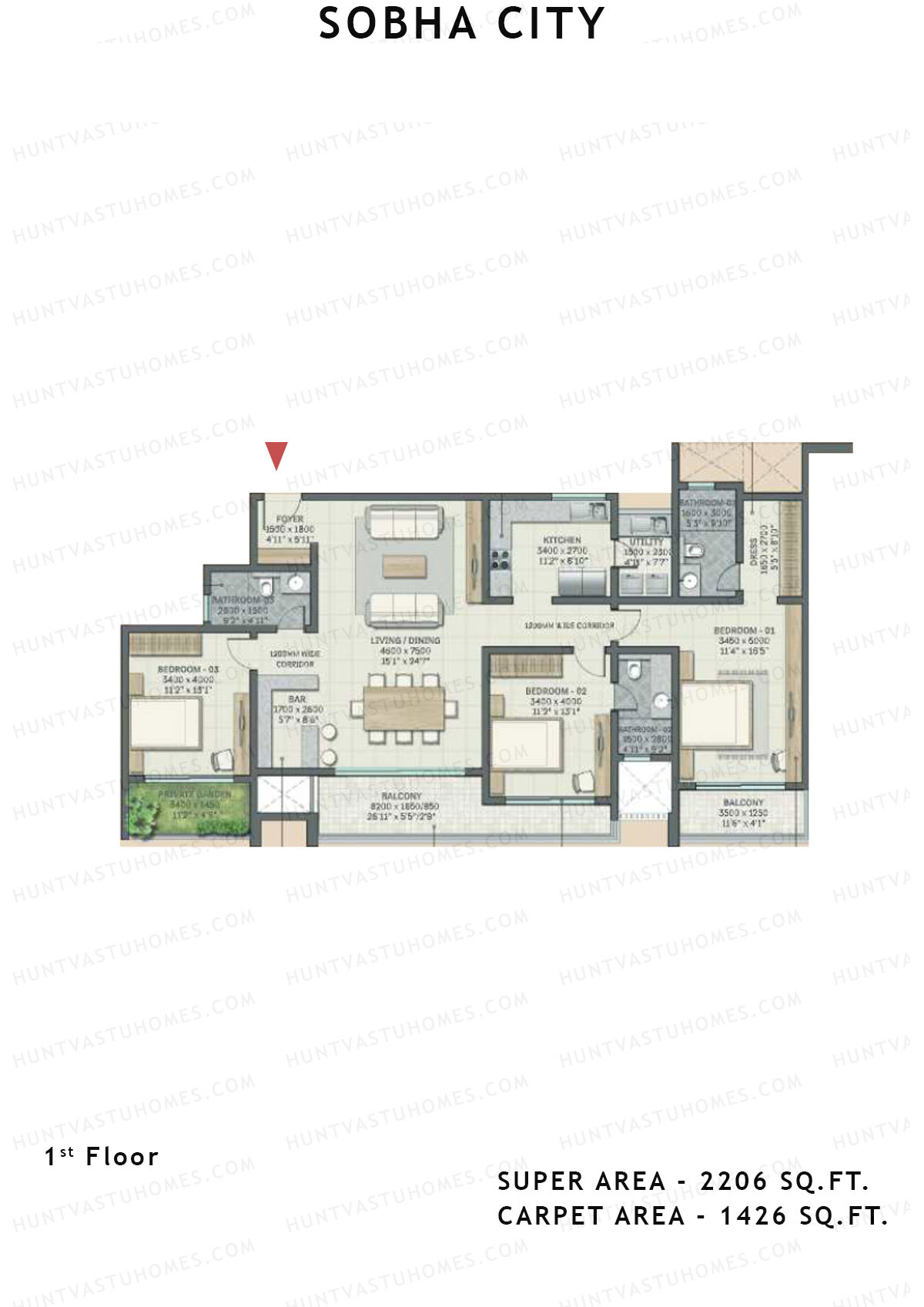 Sobha City Tower D1 Unit 1 (Type F14) Floor Plan