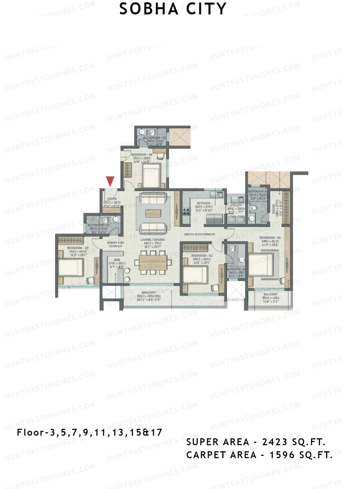 Sobha City Tower D1 Unit 1 (Type F1) Floor Plan