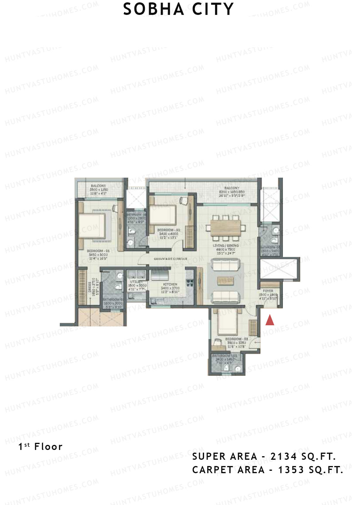Sobha City Tower D1 Unit 3 (Type F11) Floor Plan