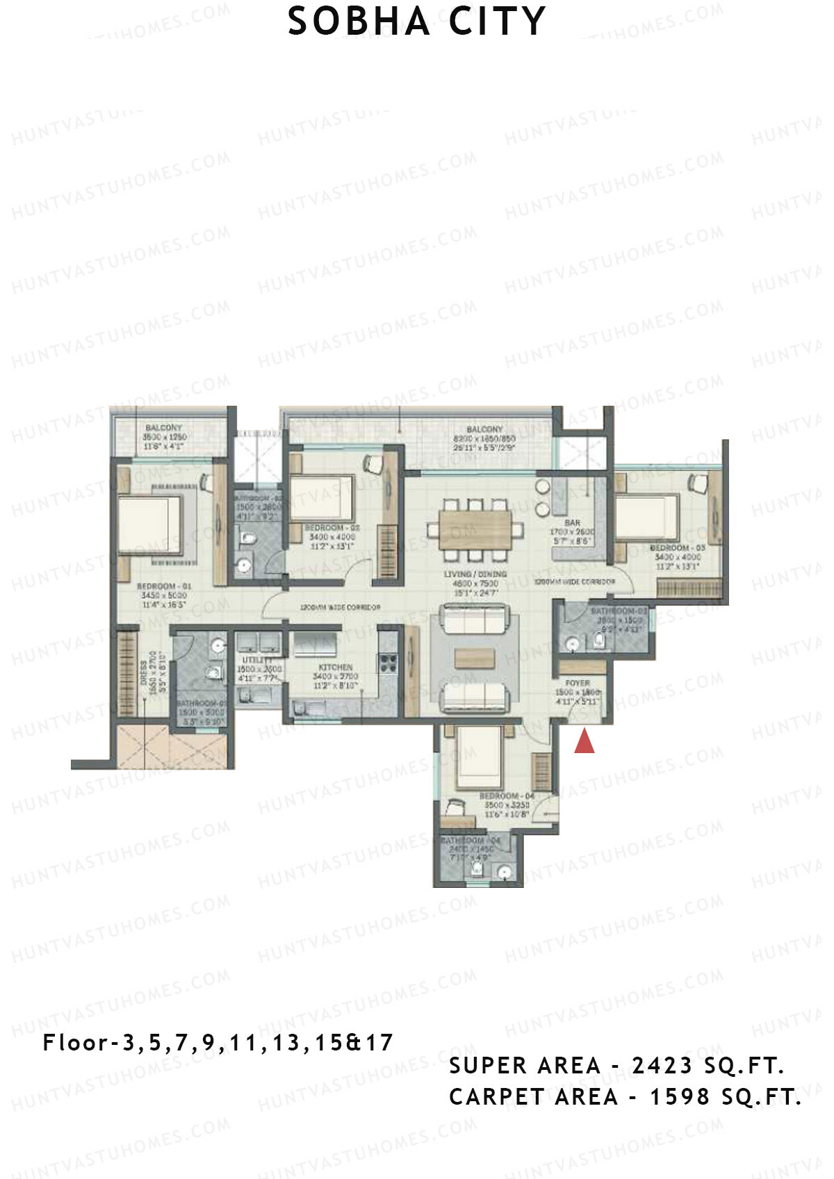 Sobha City Tower D1 Unit 3 (Type F5) Floor Plan