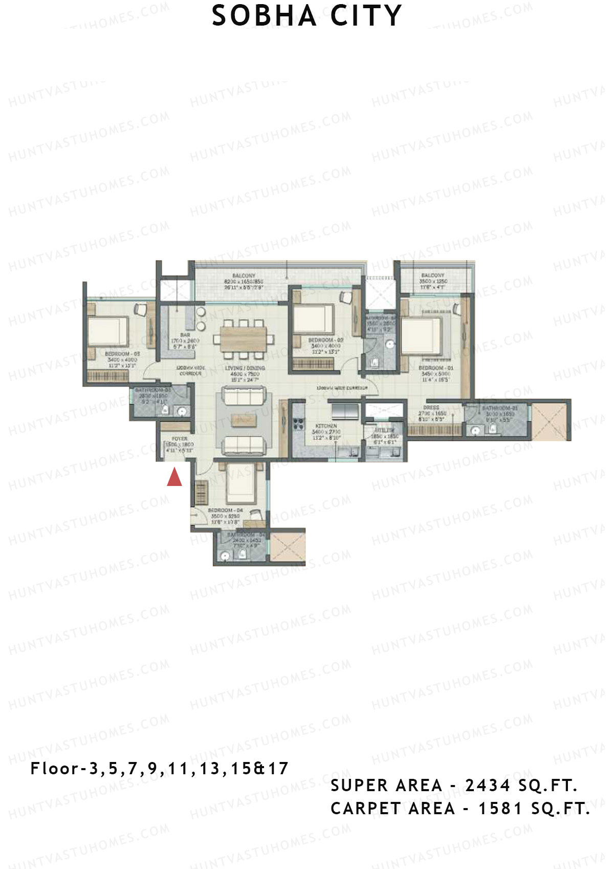 Sobha City Tower D1 Unit 4 (Type F3) Floor Plan
