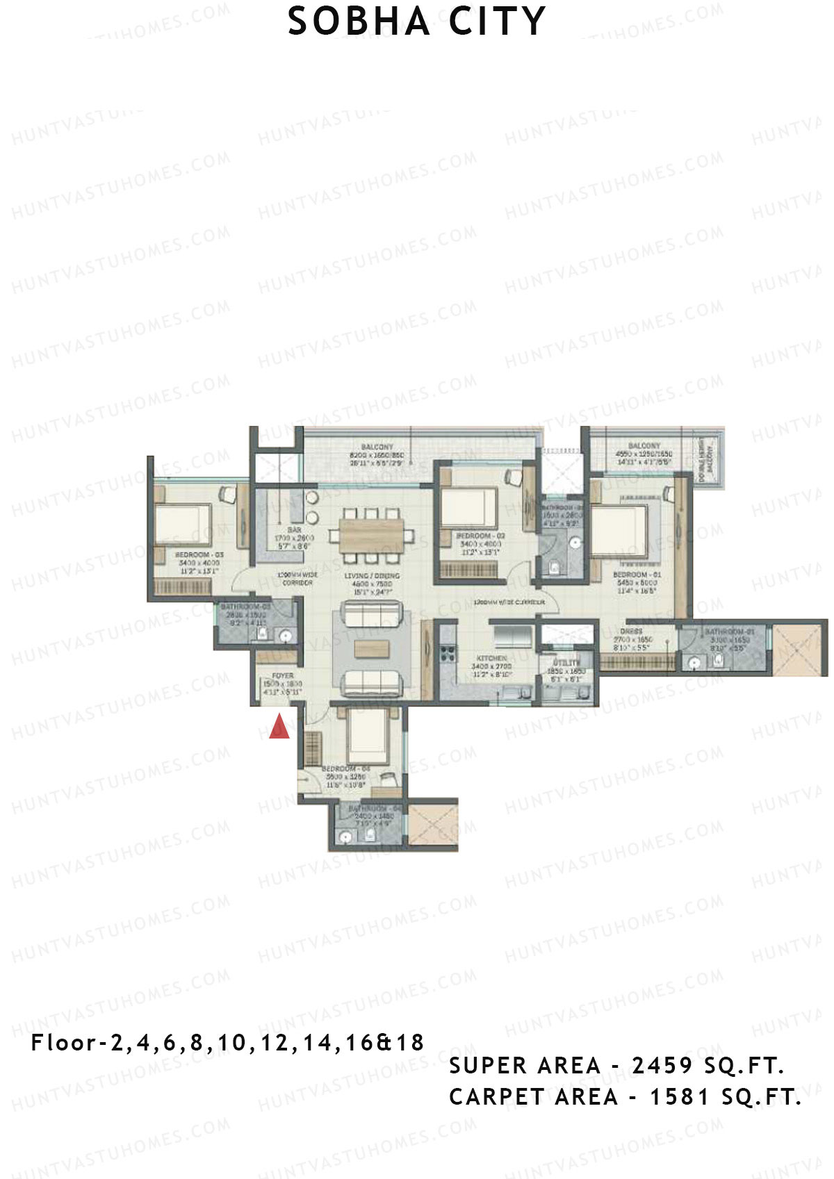 Sobha City Tower D1 Unit 4 (Type F4) Floor Plan