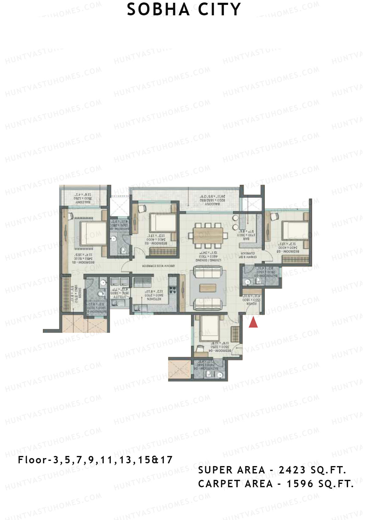 Sobha City Tower D3 Unit 1 (Type F1) Floor Plan