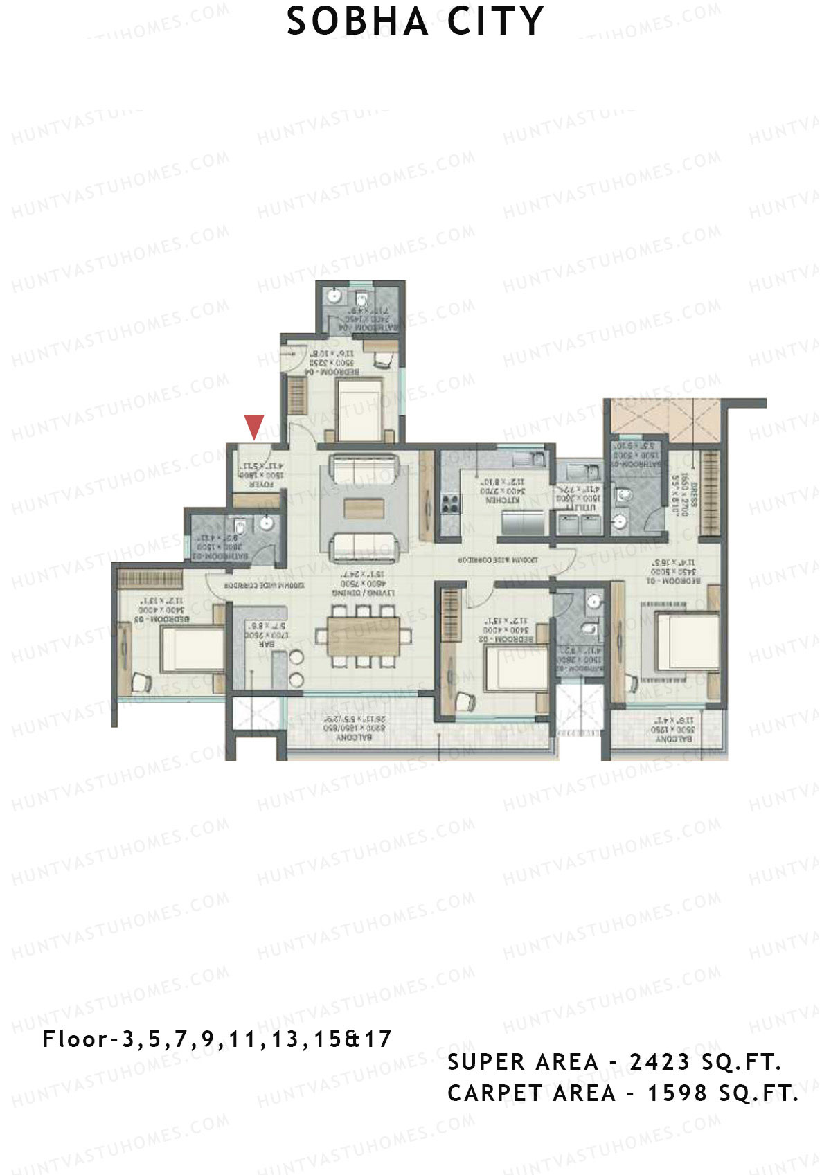 Sobha City Tower D3 Unit 3 (Type F5) Floor Plan