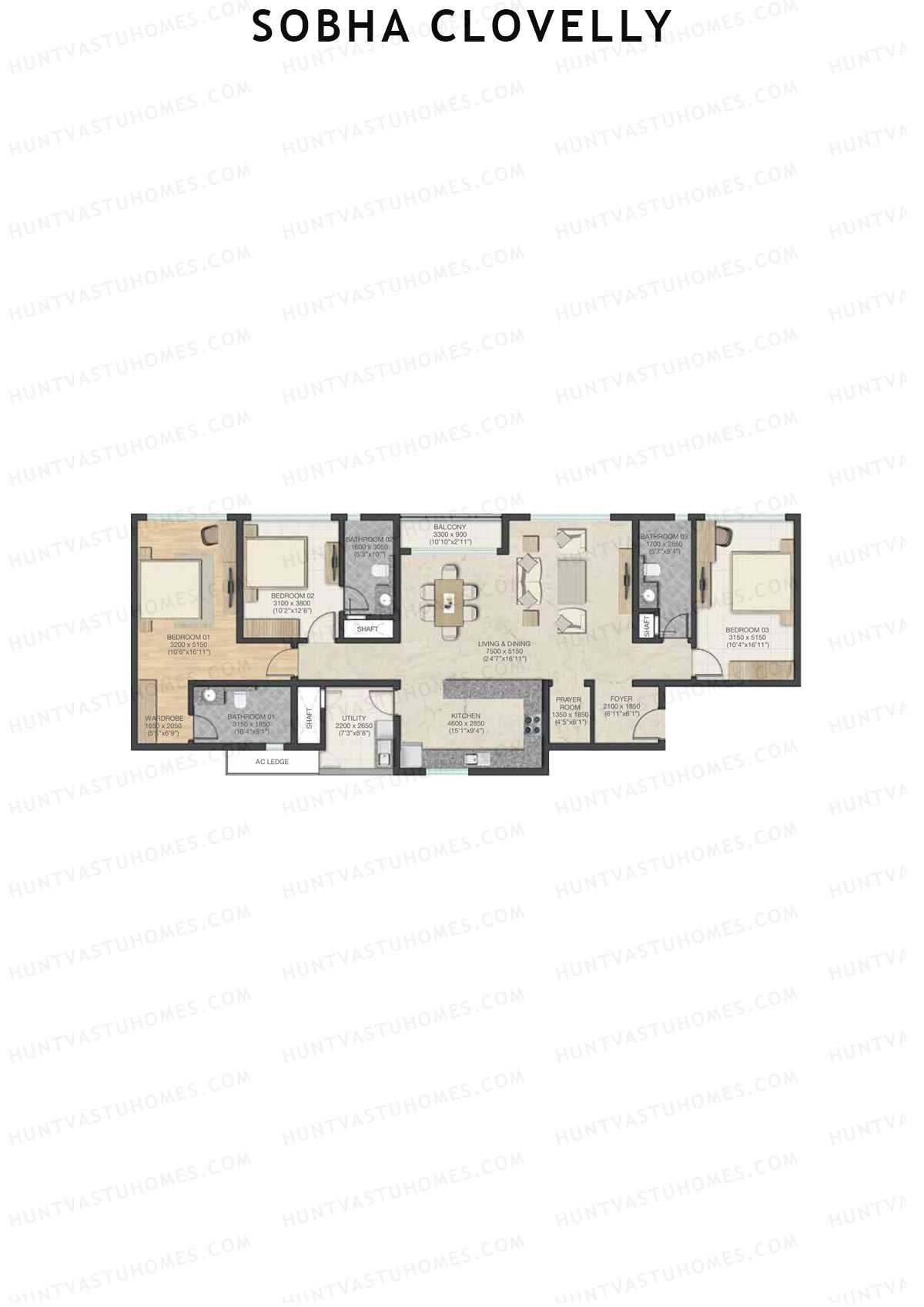 Sobha Clovelly, Block 1, Unit 1 (Type A), 3BHK, Super Area 2235   sq ft 