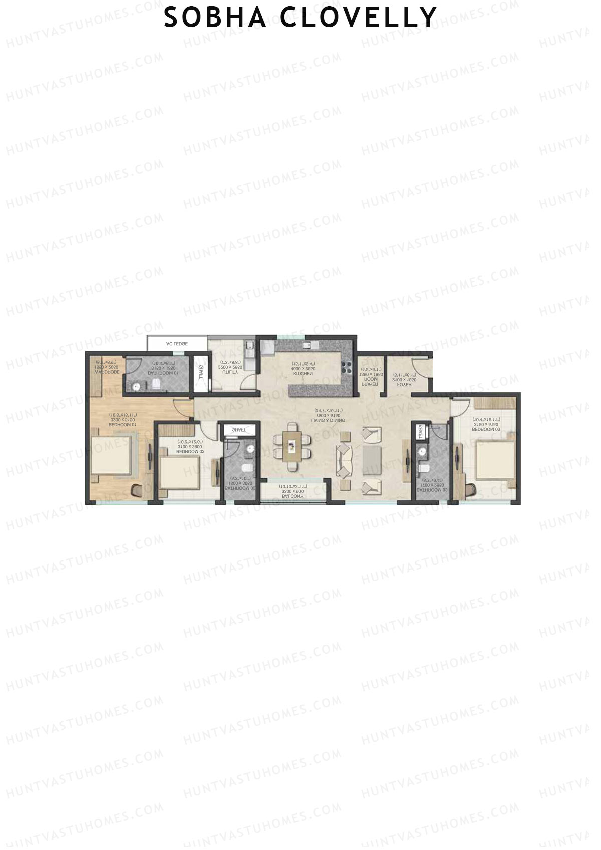 Sobha Clovelly, Block 1, Unit 2 (Type B), 3BHK, Super Area 2243   sq ft 