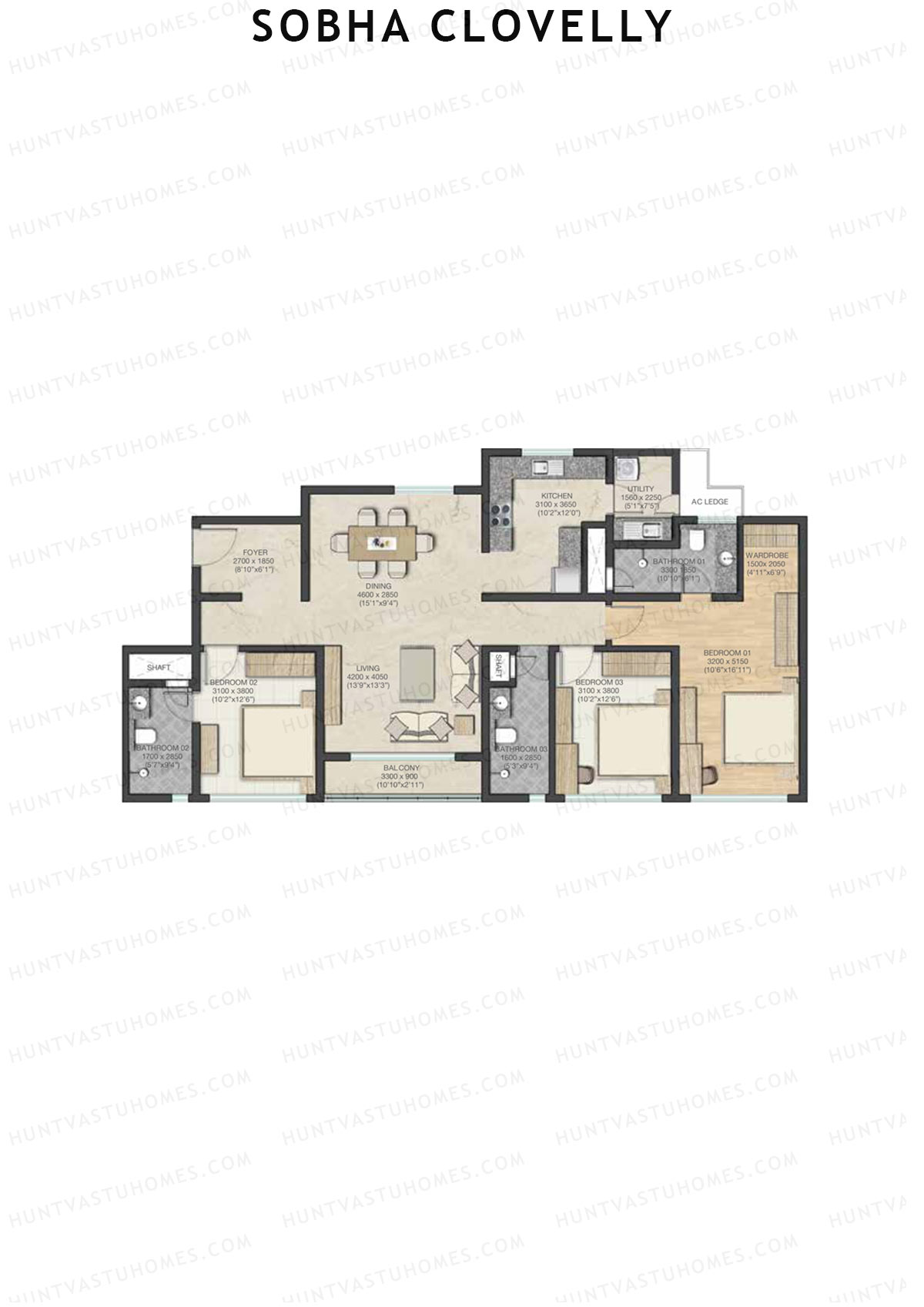 Sobha Clovelly, Block 1, Unit 3 (Type C), 3BHK, Super Area 2051   sq ft 