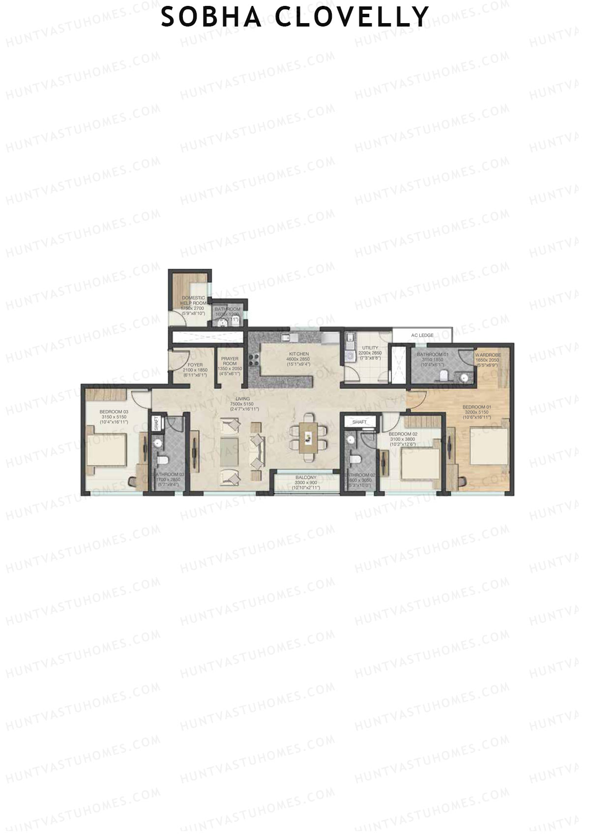 Sobha Clovelly, Block 1, Unit 3 (Type D), 3BHK, Super Area 2353   sq ft 