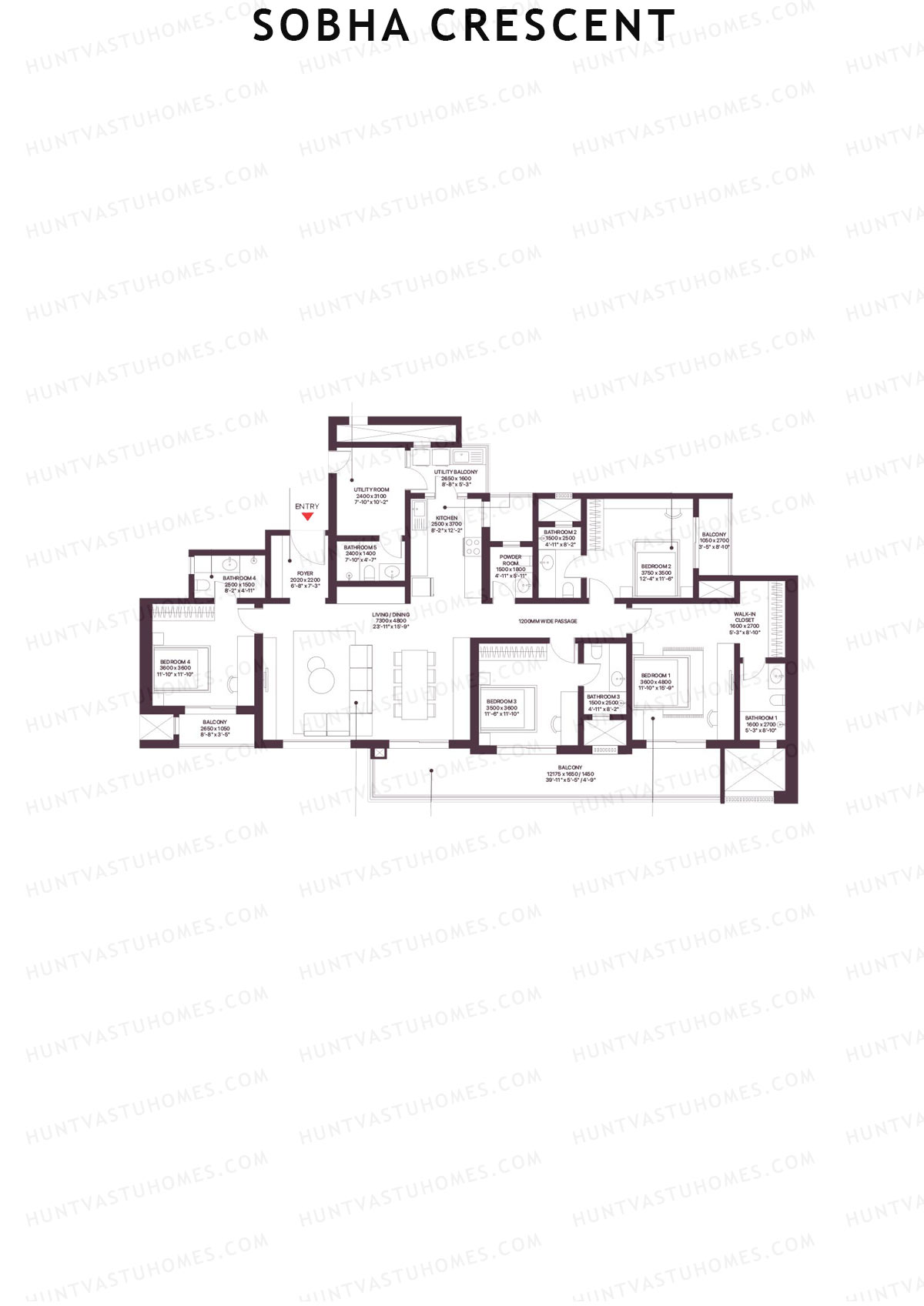 Sobha Crescent, Tower 3, Unit 1 (Type A1), 4BHK, Super Area 2966   sq ft 