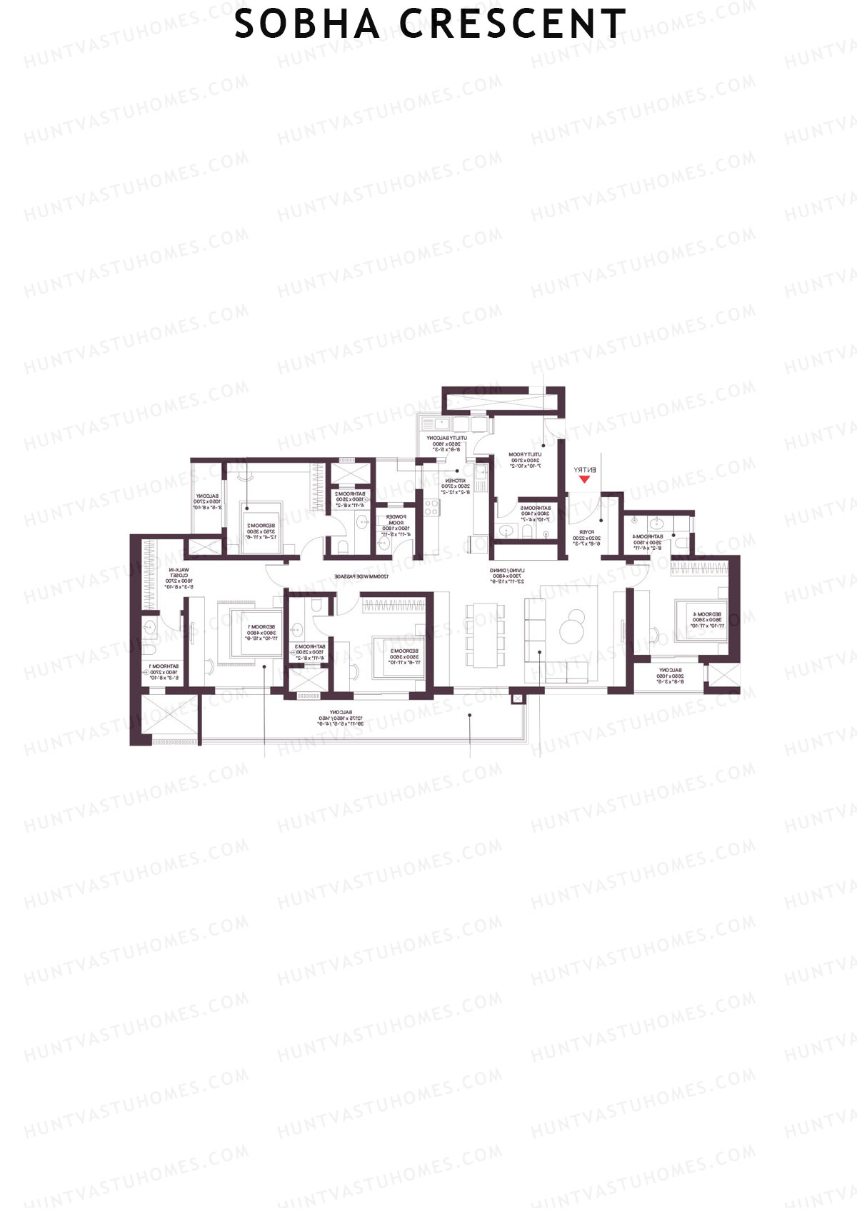 Sobha Crescent, Tower 3, Unit 2 (Type A1), 4BHK, Super Area 2966   sq ft 