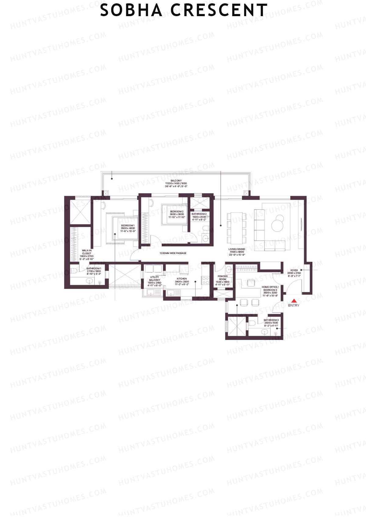 Sobha Crescent, Tower 3, Unit 3 (Type C3), 2BHK, Super Area 2333   sq ft 