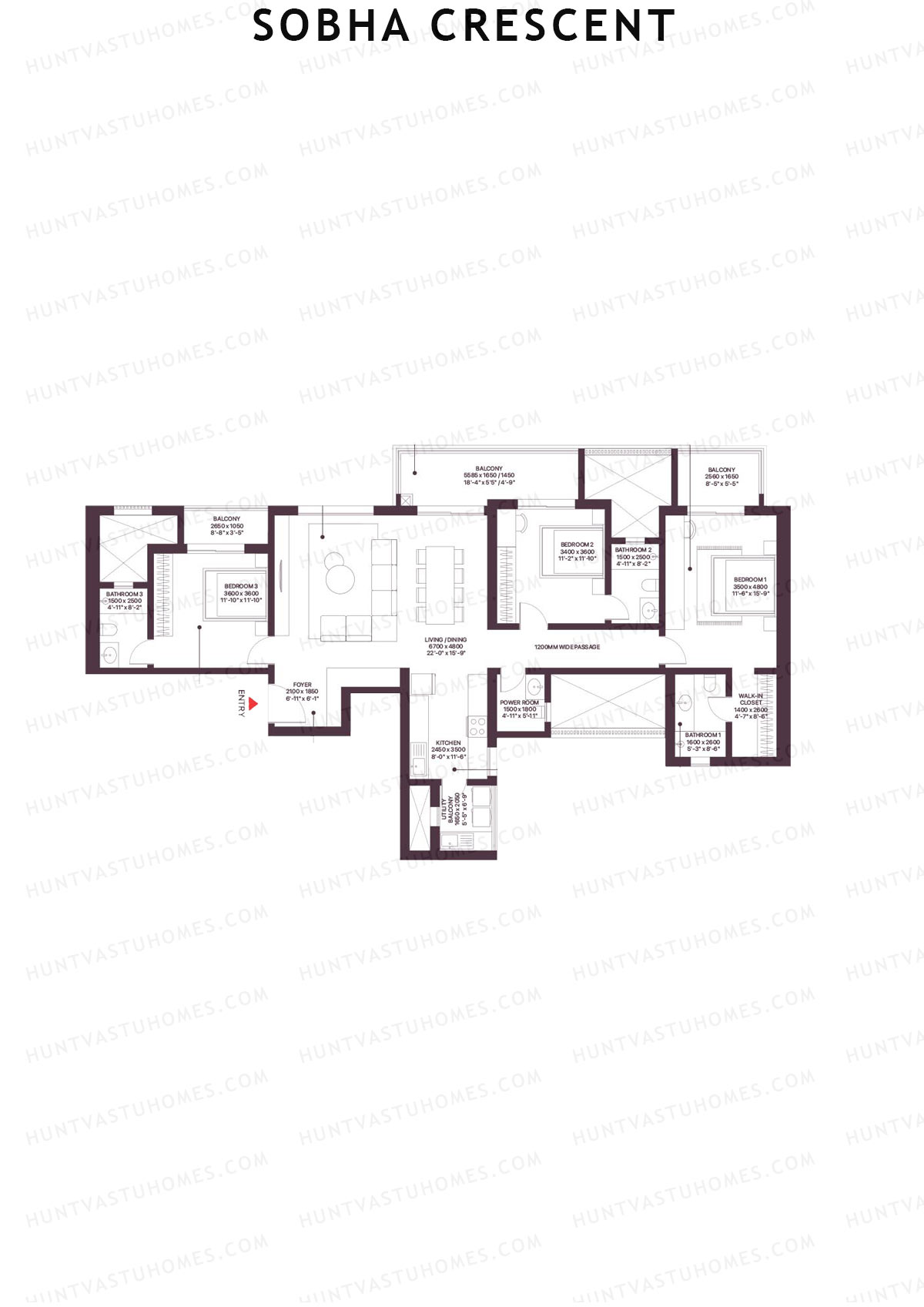 Sobha Crescent, Tower 3, Unit 4 (Type C1), 3BHK, Super Area 2277   sq ft 