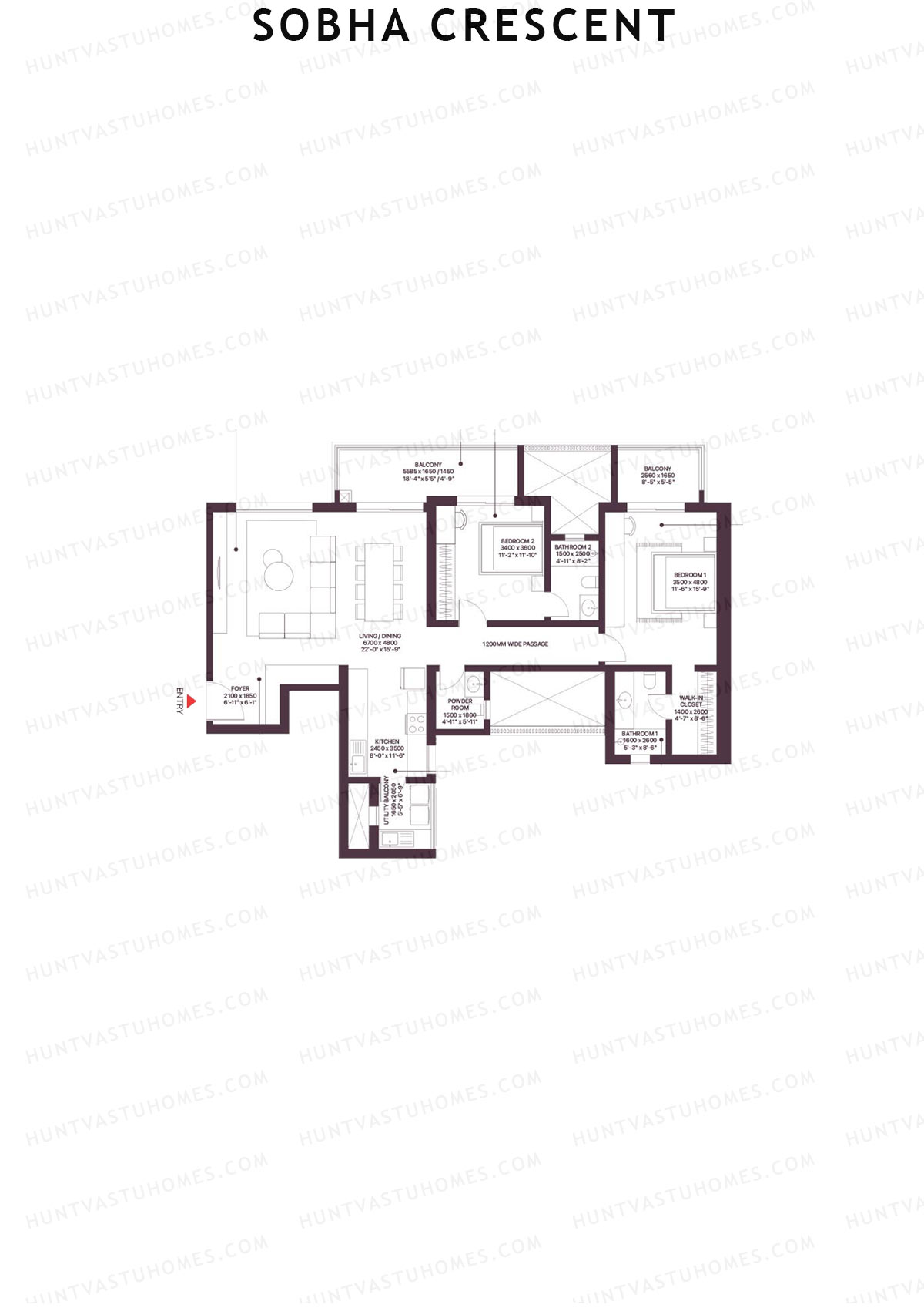 Sobha Crescent, Tower 3, Unit 4 (Type D1), 2BHK, Super Area 1940   sq ft 