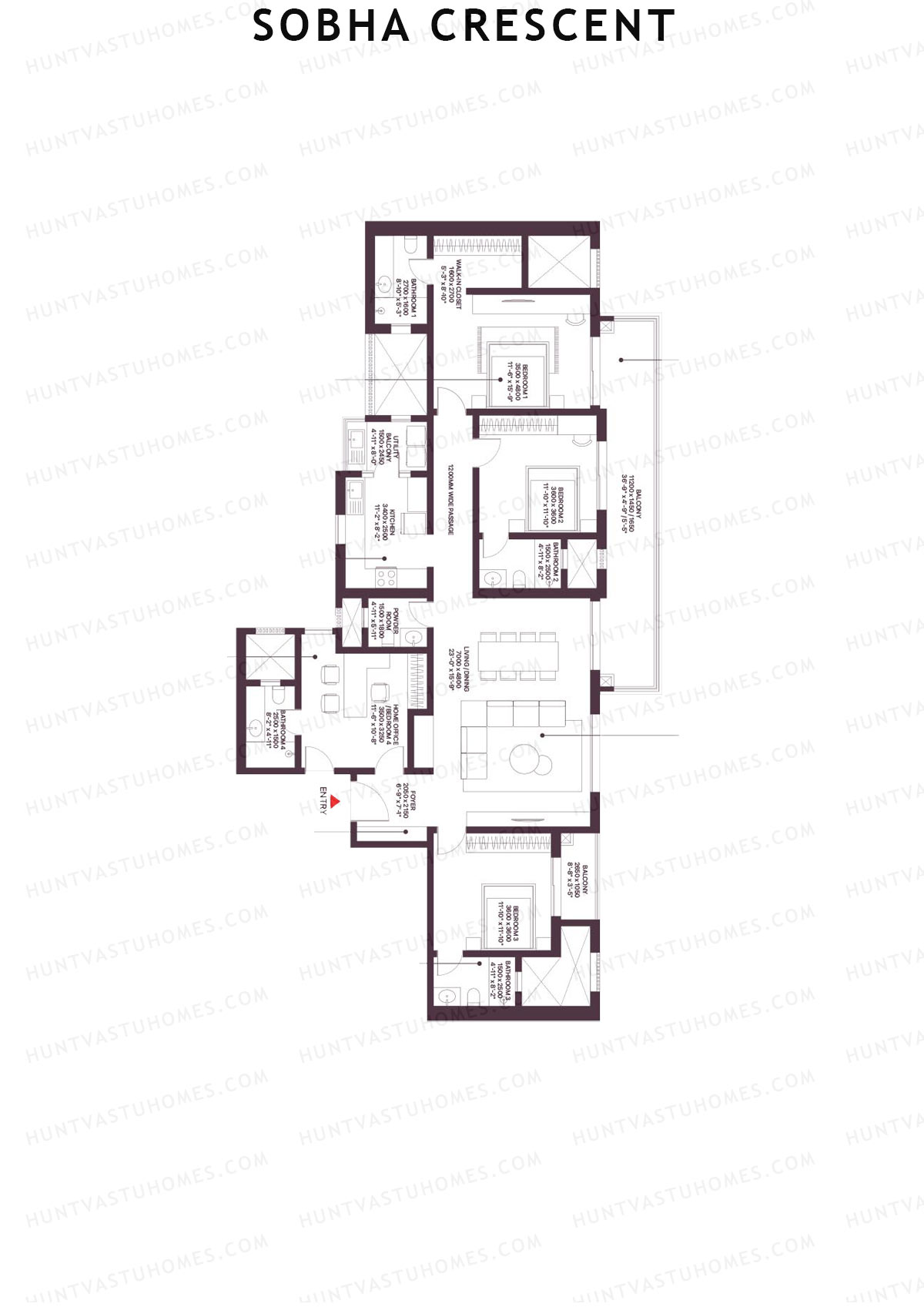 Sobha Crescent, Tower 4, Unit 1 (Type B1), 3BHK, Super Area 2669   sq ft 