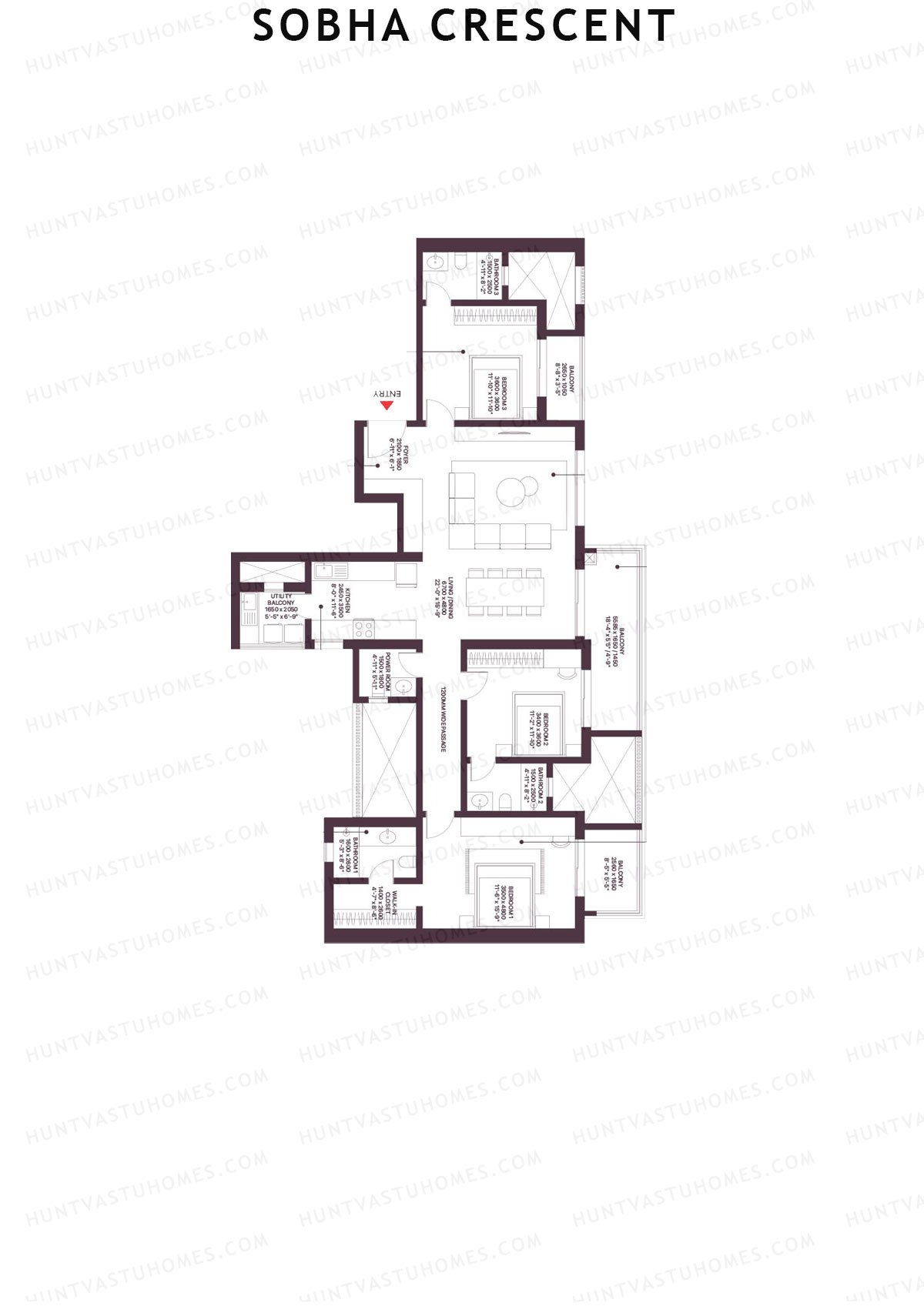 Sobha Crescent, Tower 4, Unit 2 (Type C1), 3BHK, Super Area 2277   sq ft 