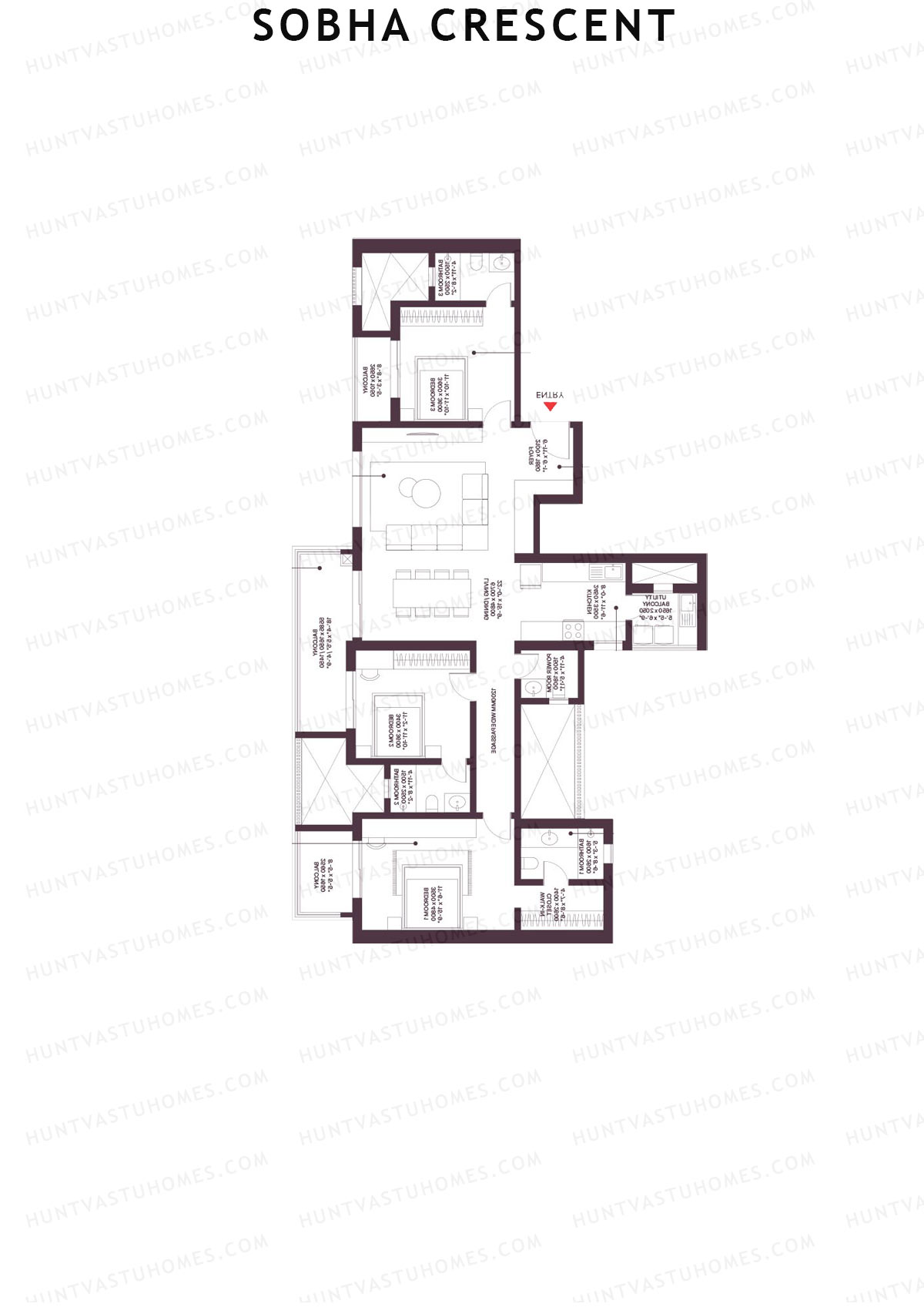 Sobha Crescent, Tower 4, Unit 3 (Type C1), 3BHK, Super Area 2277   sq ft 