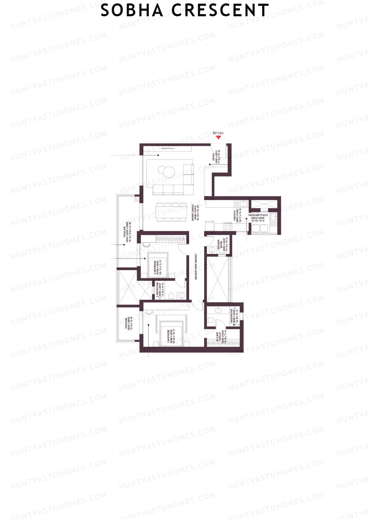 Sobha Crescent, Tower 4, Unit 3 (Type D1), 2BHK, Super Area 1940   sq ft 