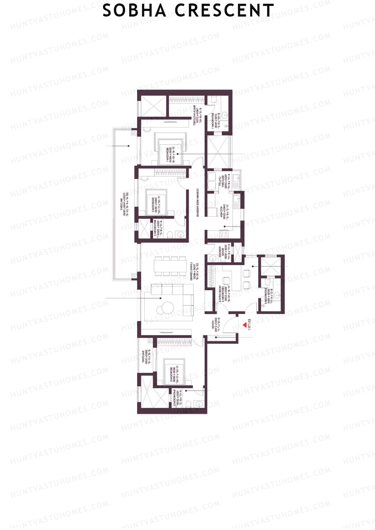 Sobha Crescent, Tower 4, Unit 4 (Type B1), 3BHK, Super Area 2669   sq ft 