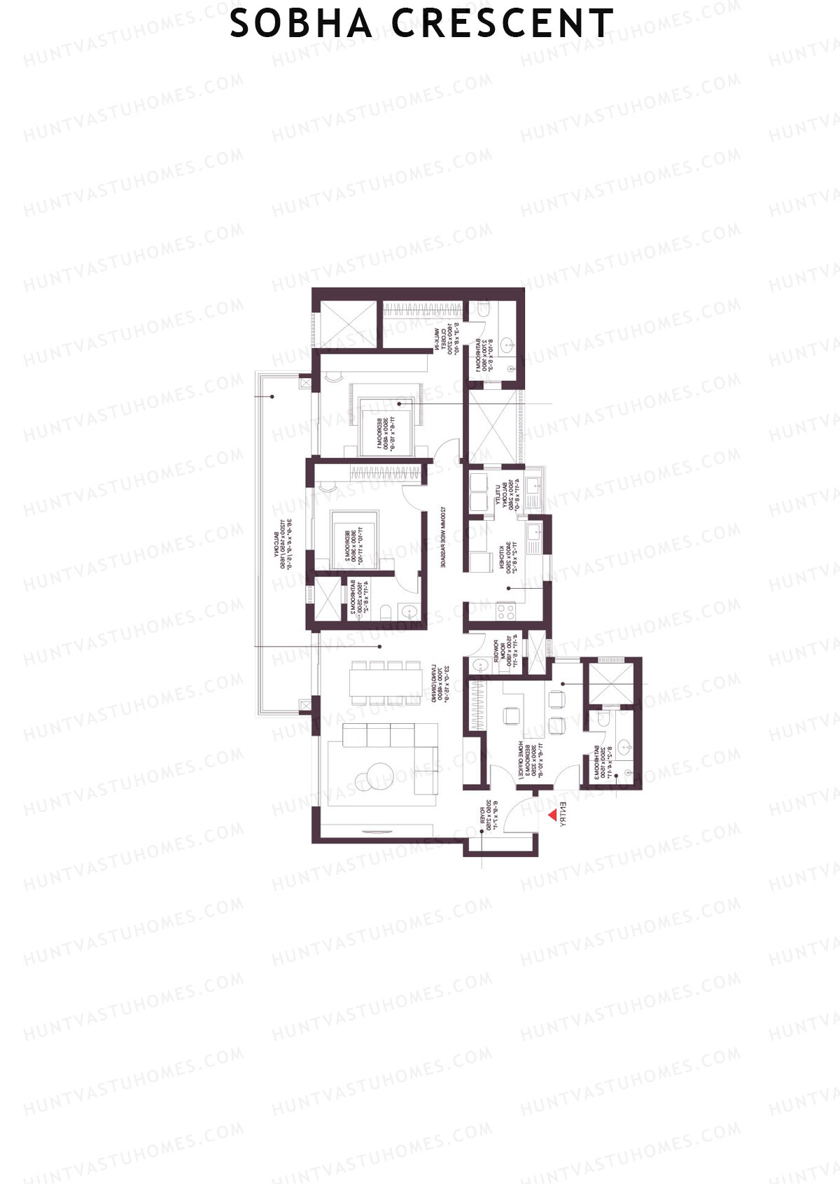 Sobha Crescent, Tower 4, Unit 4 (Type C3), 2BHK, Super Area 2333   sq ft 