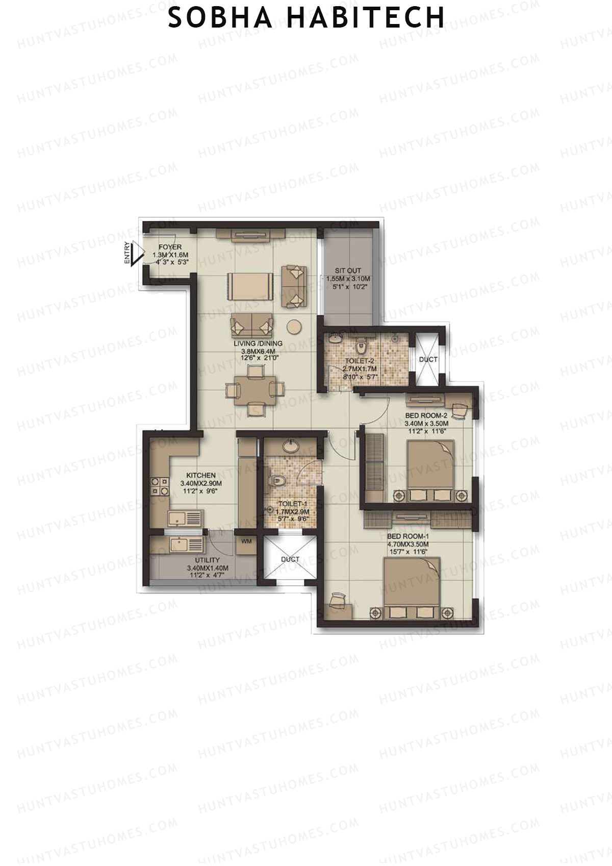 Sobha Habitech Wing 1 Unit 3 (Type C1) Floor Plan