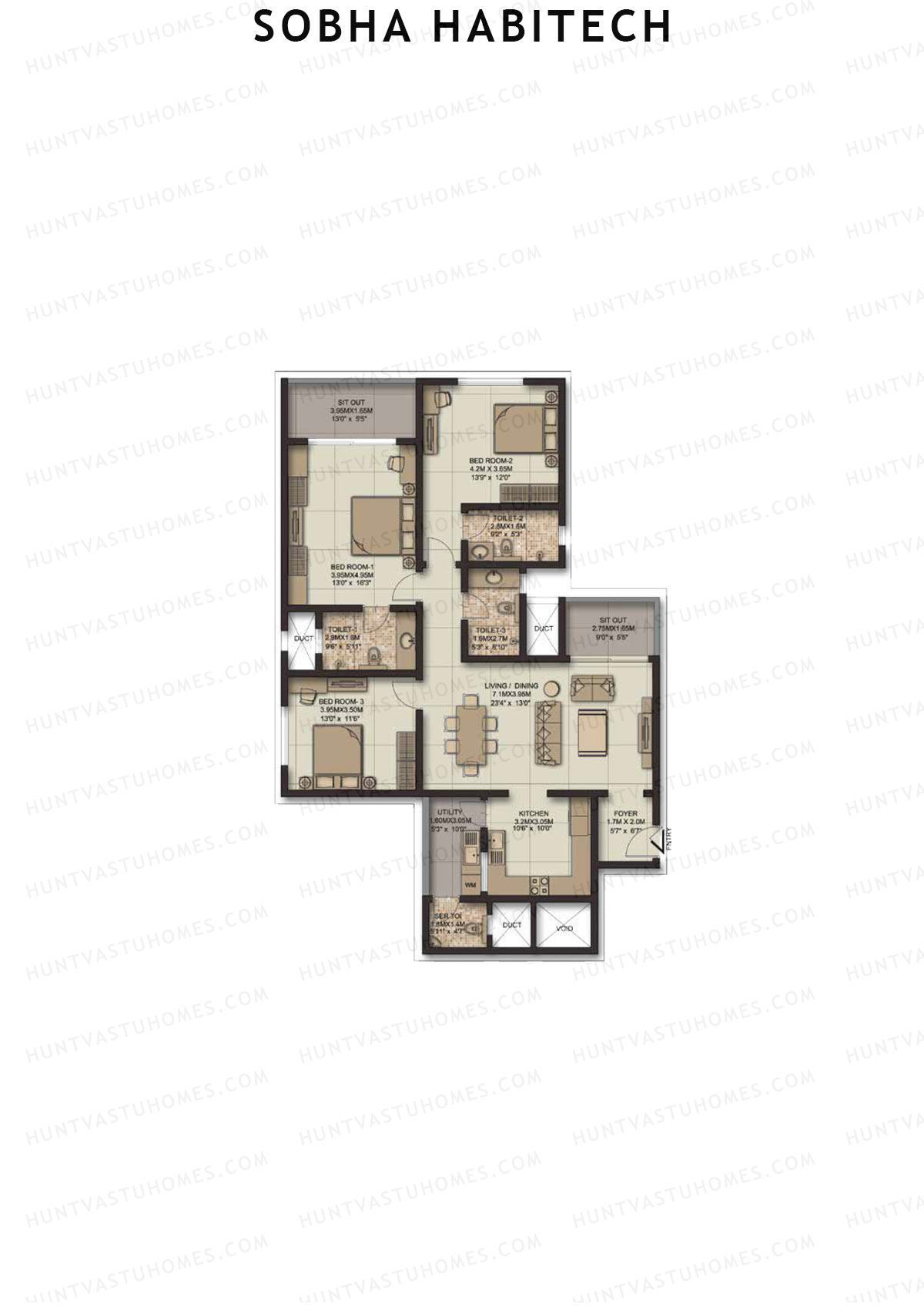 Sobha Habitech Wing 3 Unit 1 (Type G2) Floor Plan