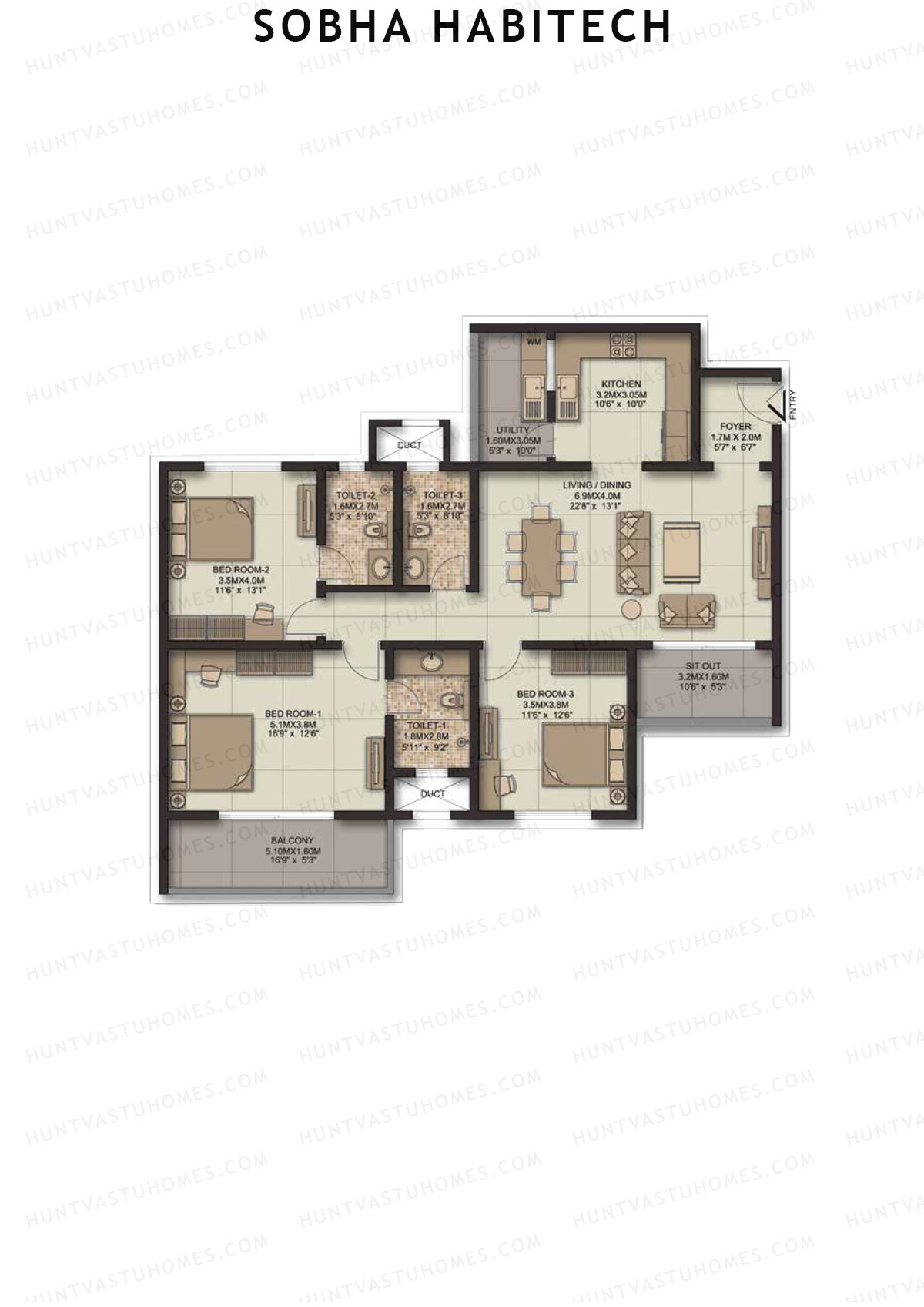 Sobha Habitech Wing 4 Unit 4 (Type J2) Floor Plan