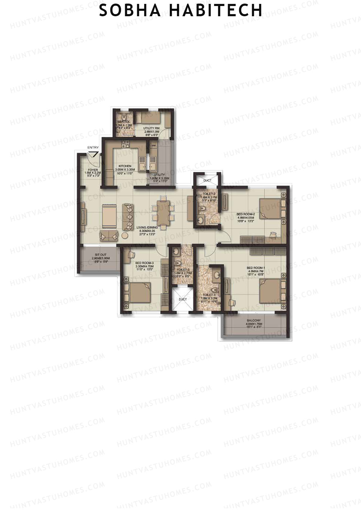 Sobha Habitech Wing 5 Unit 3 (Type L2) Floor Plan