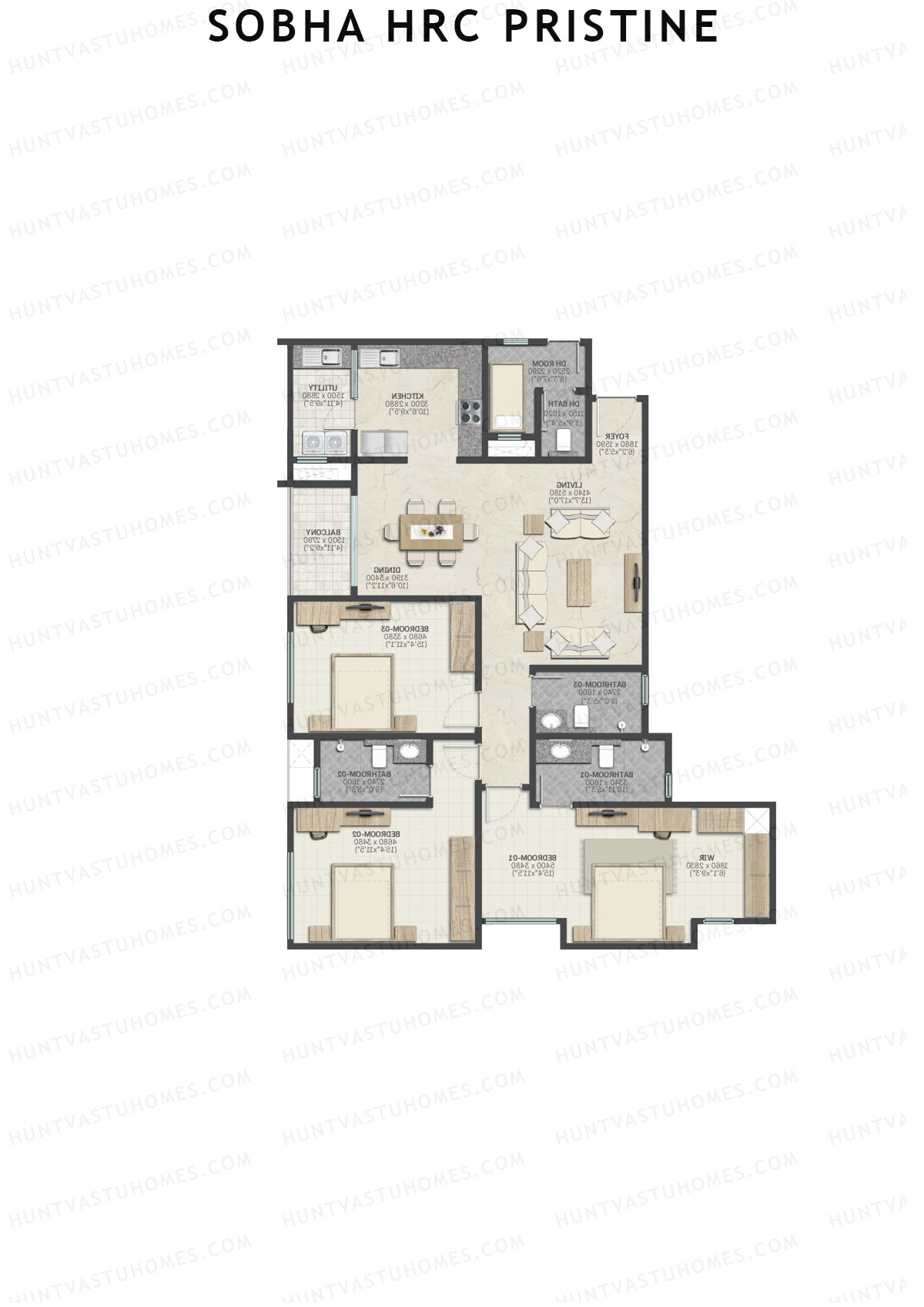 Sobha HRC Pristine Block 1 Unit 1 (Type B1) Floor Plan