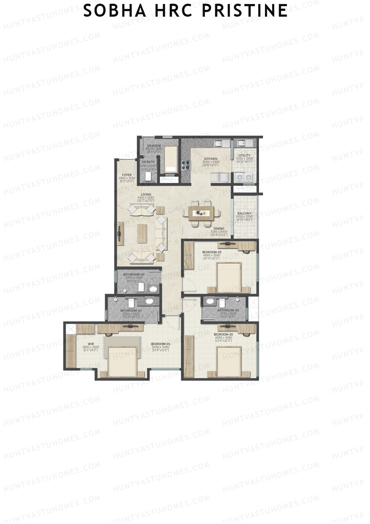 Sobha HRC Pristine Block 1 Unit 8 (Type B1) Floor Plan