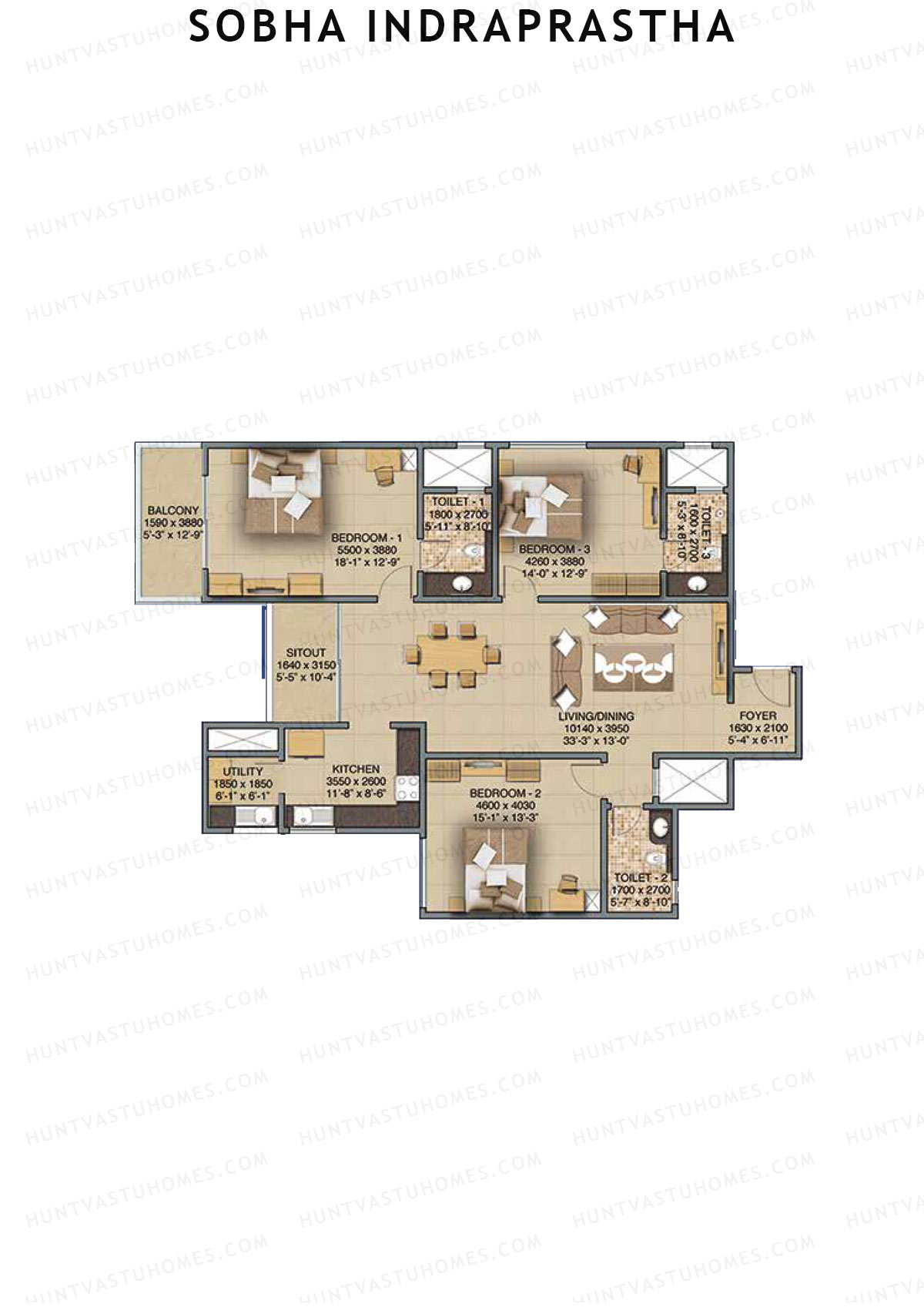 Sobha Indraprastha Wing 1 Unit 4 (Type F1) Floor Plan
