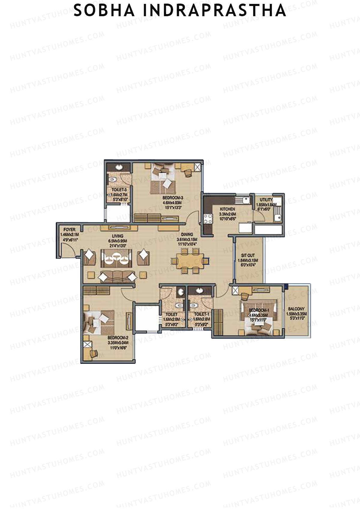 Sobha Indraprastha Wing 2 Unit 5 (Type D1) Floor Plan
