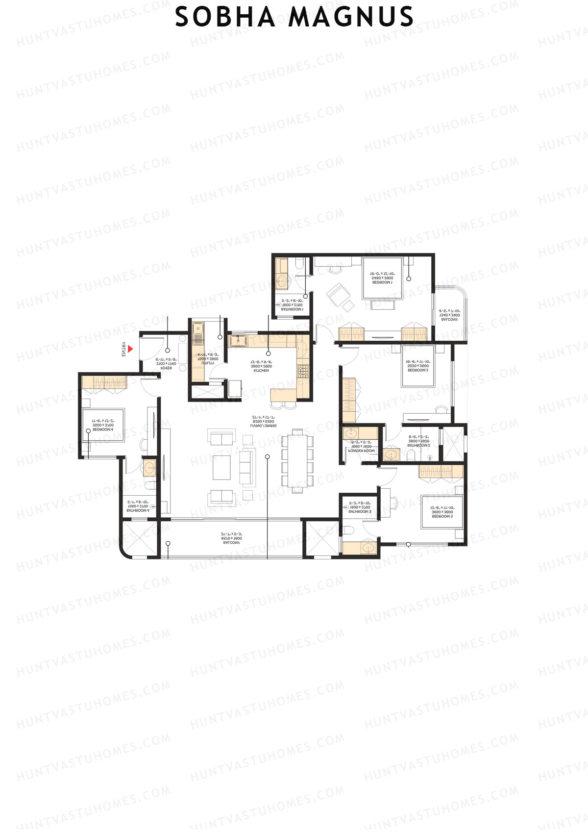 Sobha Magnus, Wing 1, Unit 1 (Type A), 4BHK, Super Area 2577   sq ft 
