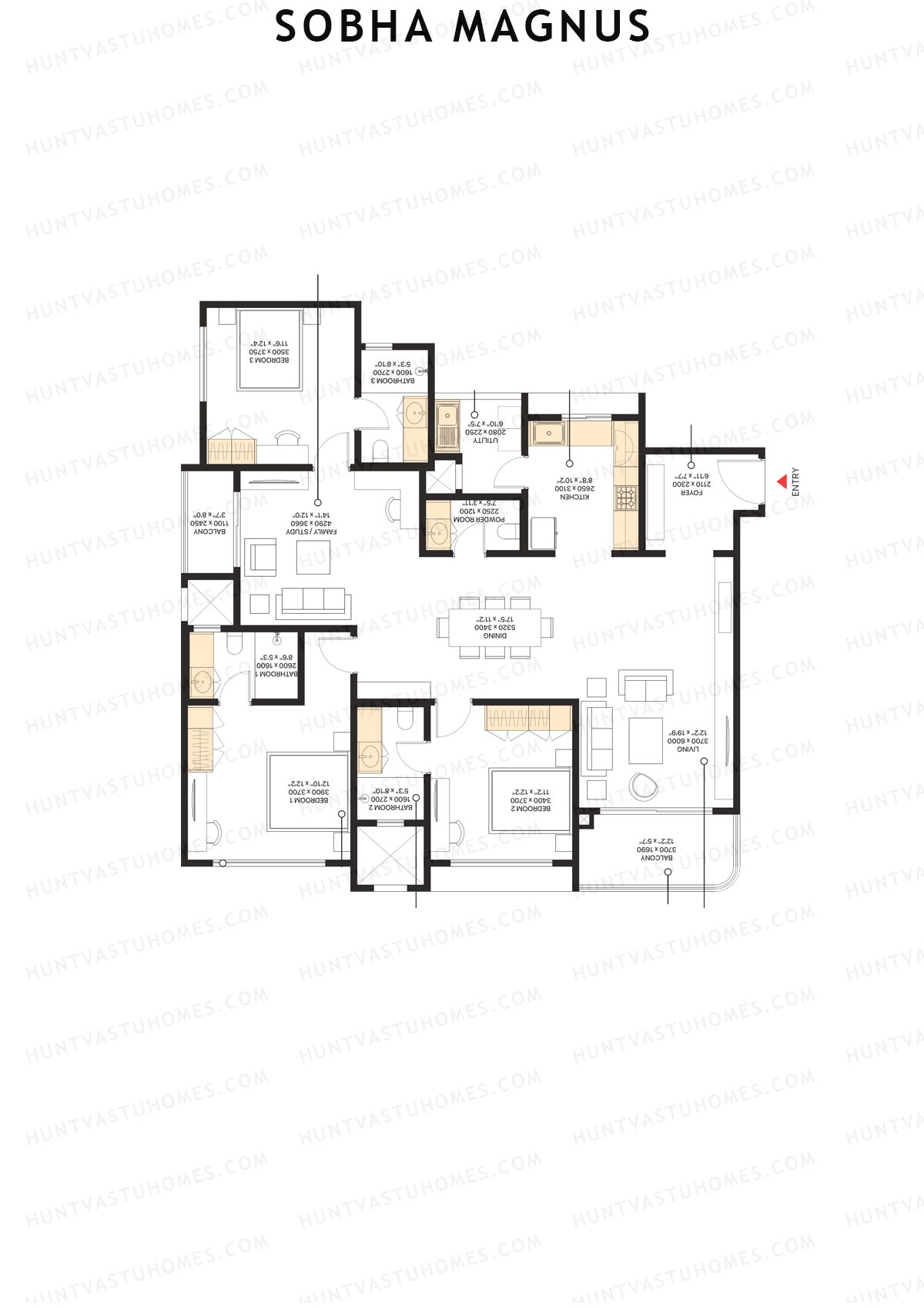 Sobha Magnus, Wing 1, Unit 3, 3BHK, Super Area 2090   sq ft 