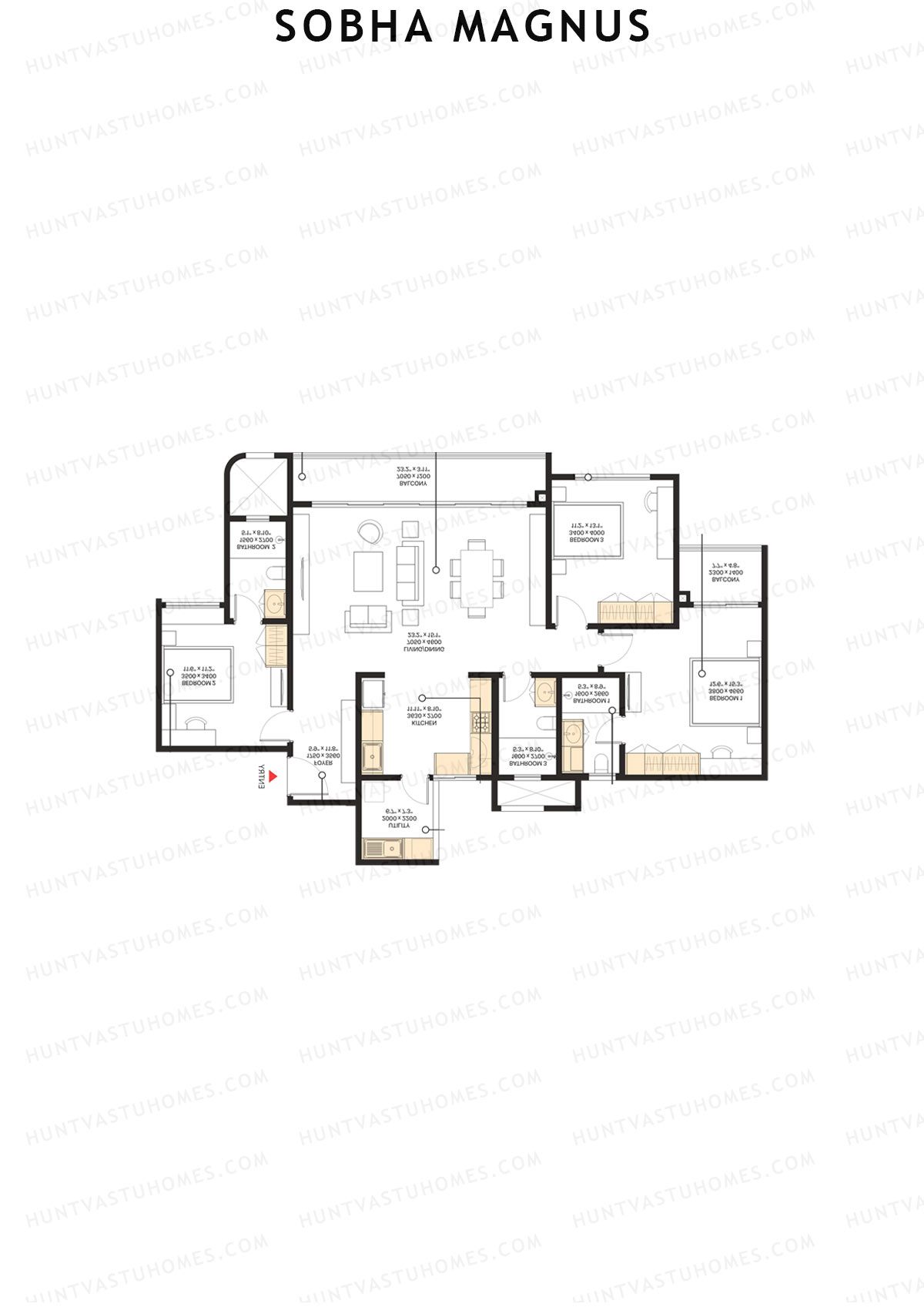 Sobha Magnus, Wing 2, Unit 5 (Type H), 3BHK, Super Area 1856   sq ft 