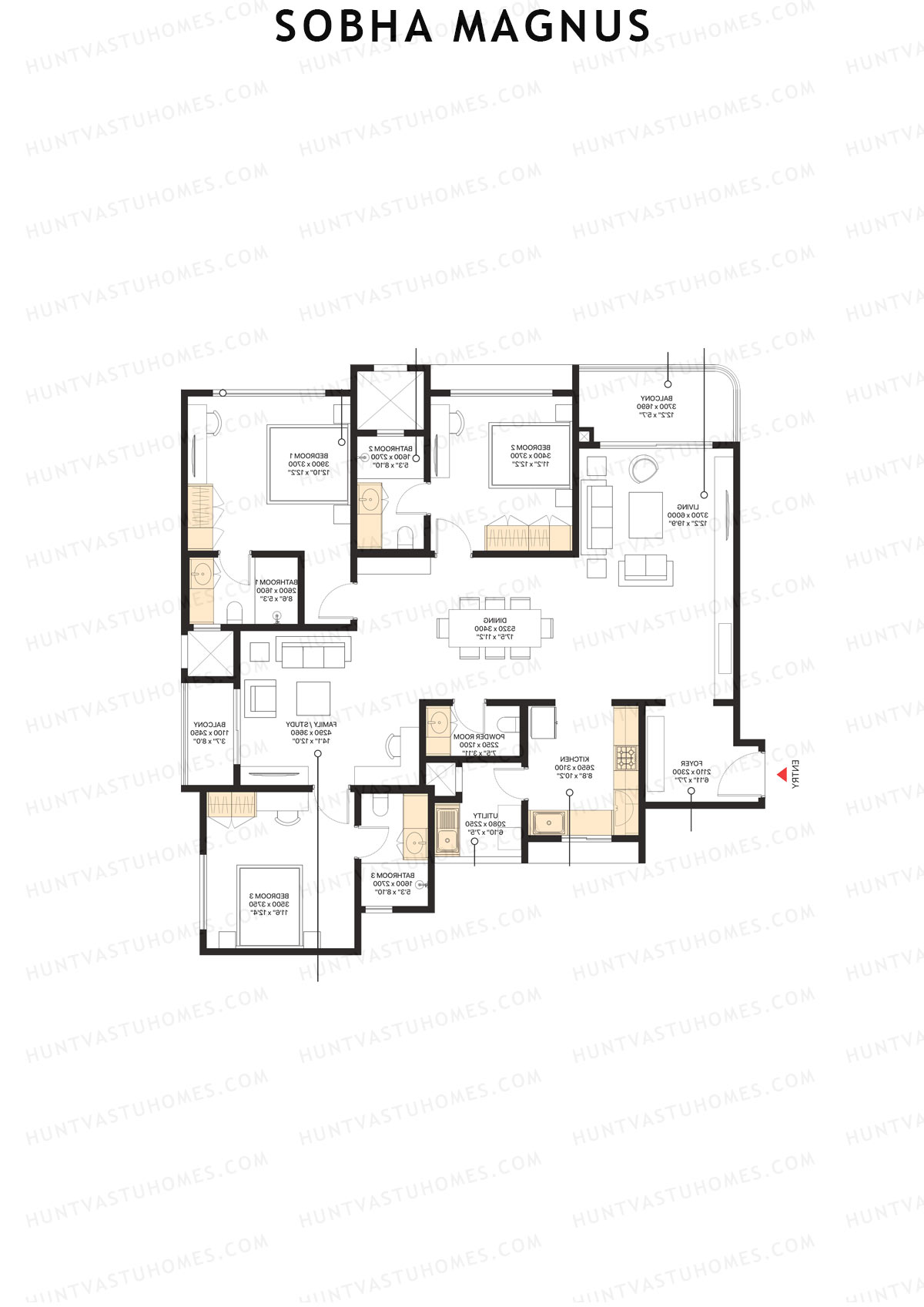 Sobha Magnus, Wing 3, Unit 4 (Type E), 3BHK, Super Area 2088   sq ft 