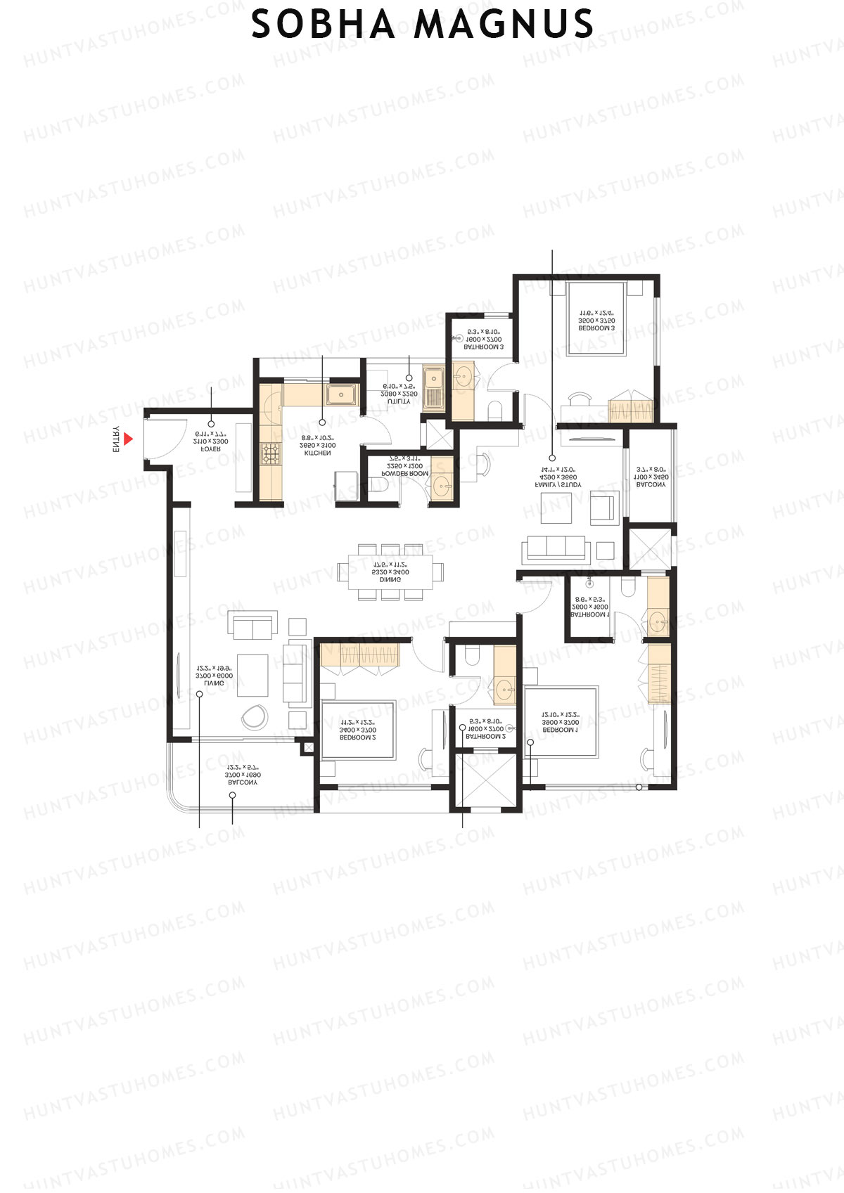 Sobha Magnus, Wing 4, Unit 1 (Type E), 3BHK, Super Area 2088   sq ft 