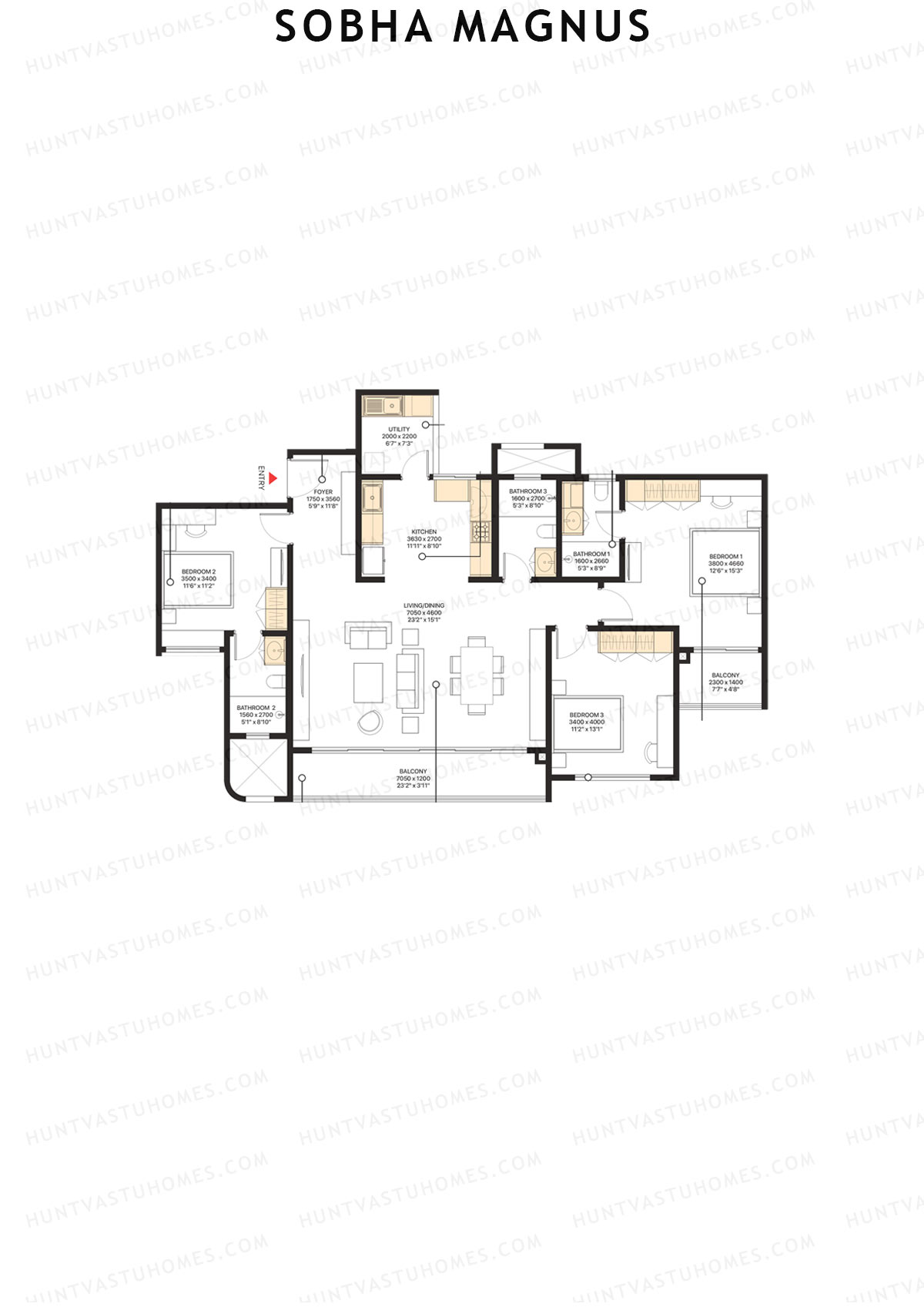 Sobha Magnus, Wing 4, Unit 2 (Type H), 3BHK, Super Area 1856   sq ft 