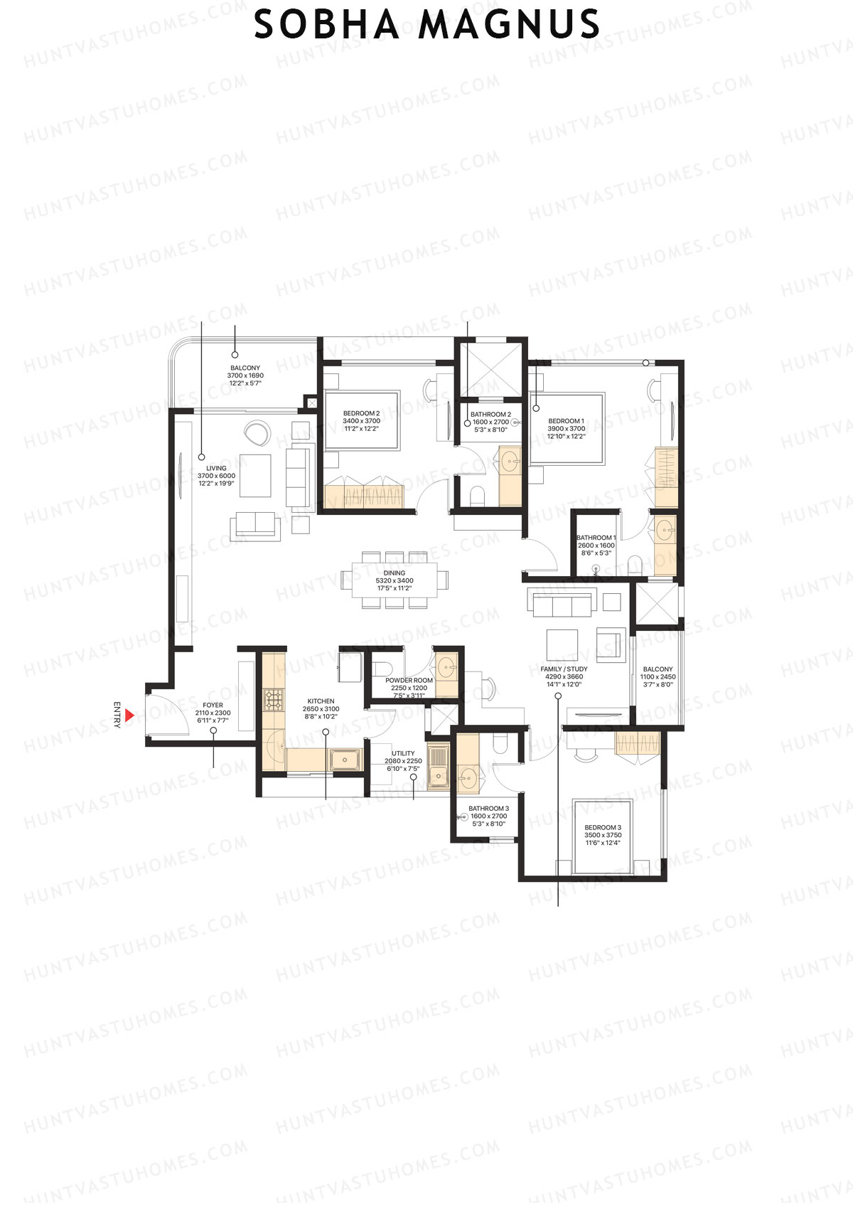 Sobha Magnus, Wing 4, Unit 6 (Type E), 3BHK, Super Area 2088   sq ft 