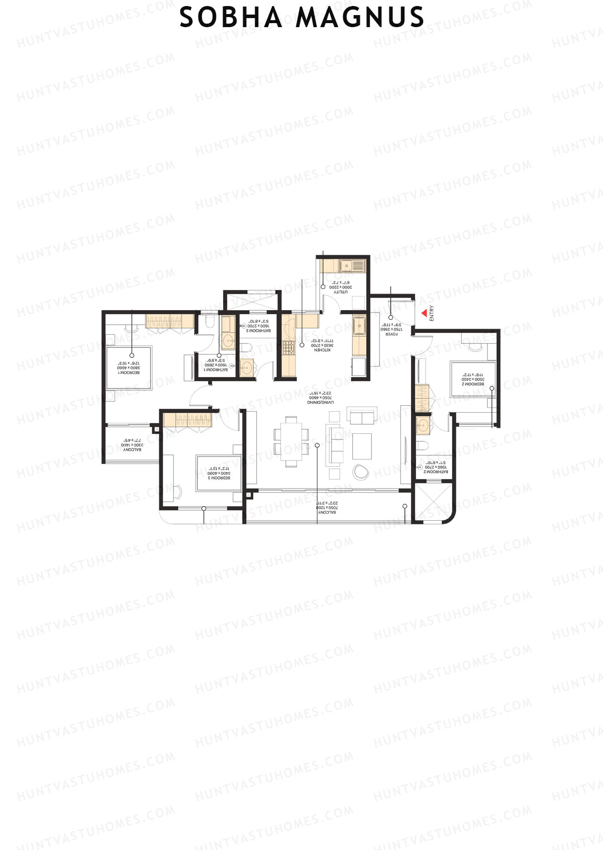 Sobha Magnus, Wing 5, Unit 2 (Type H), 3BHK, Super Area 1856   sq ft 