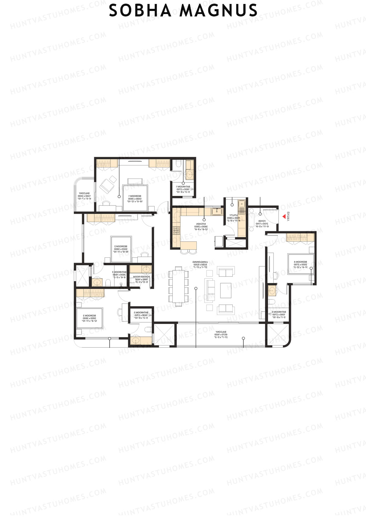 Sobha Magnus, Wing 5, Unit 3 (Type A1), 4BHK, Super Area 2577   sq ft 