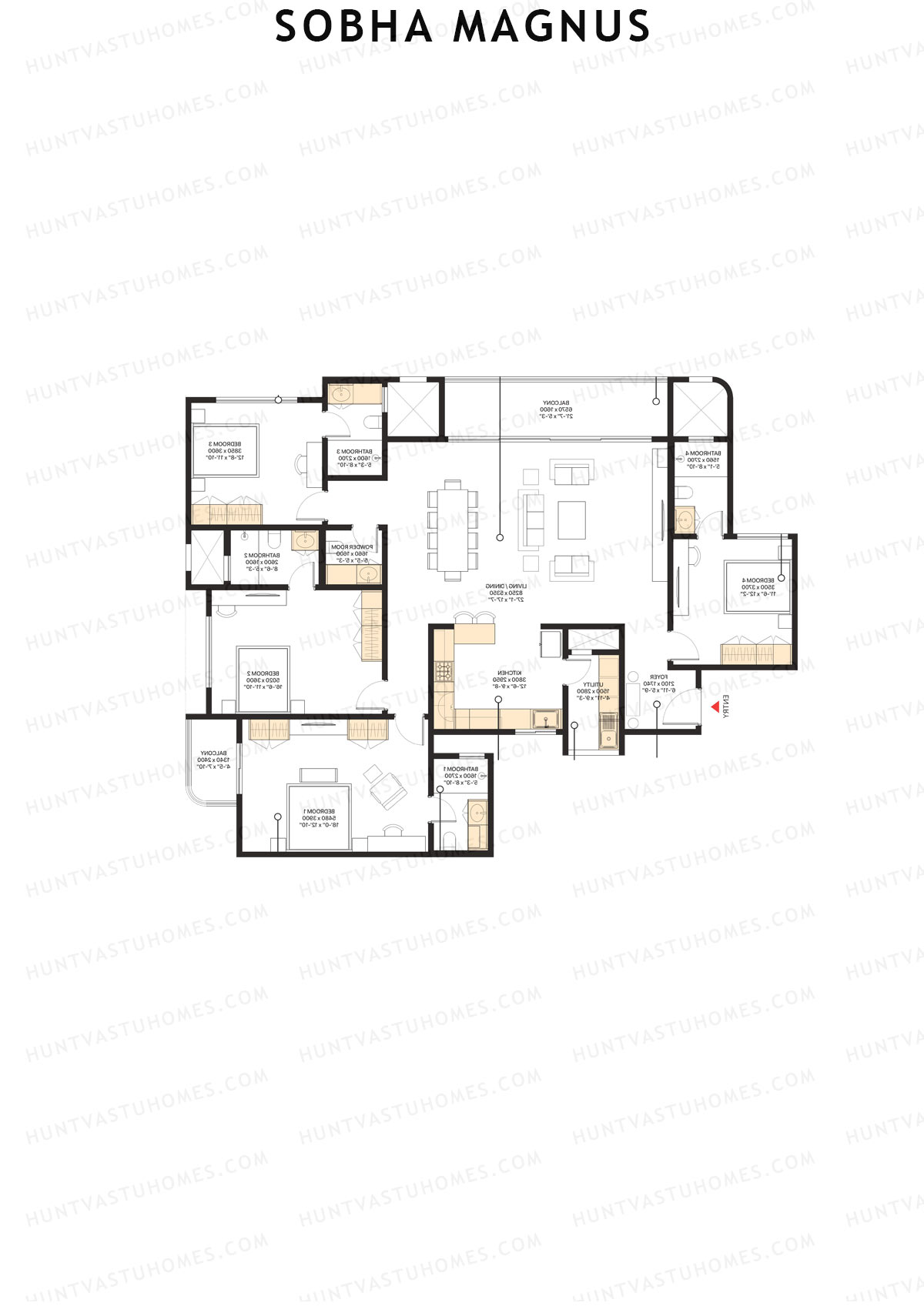 Sobha Magnus, Wing 5, Unit 4 (Type A), 4BHK, Super Area 2577   sq ft 